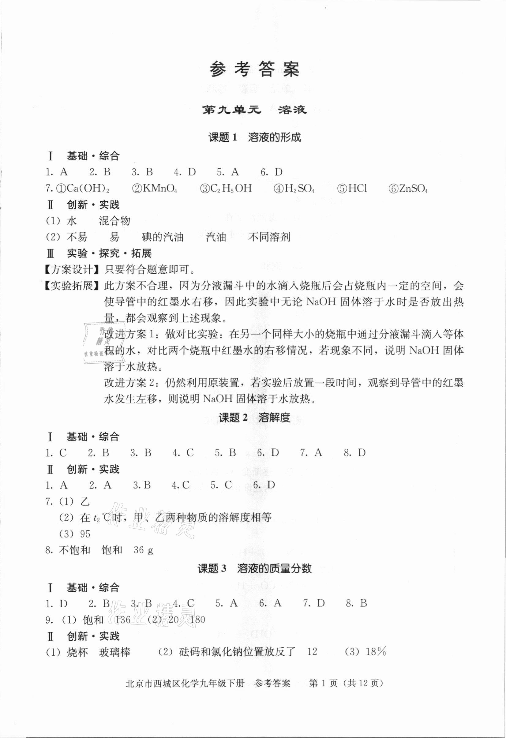 2021年学习探究诊断九年级化学下册人教版 参考答案第1页