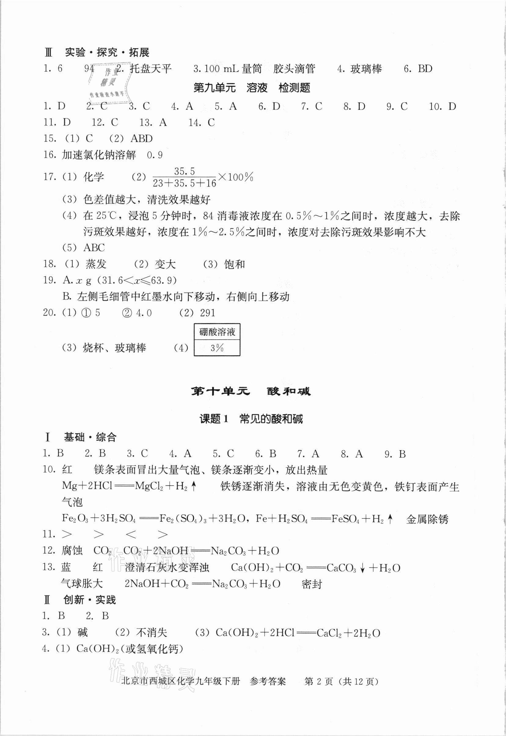 2021年学习探究诊断九年级化学下册人教版 参考答案第2页