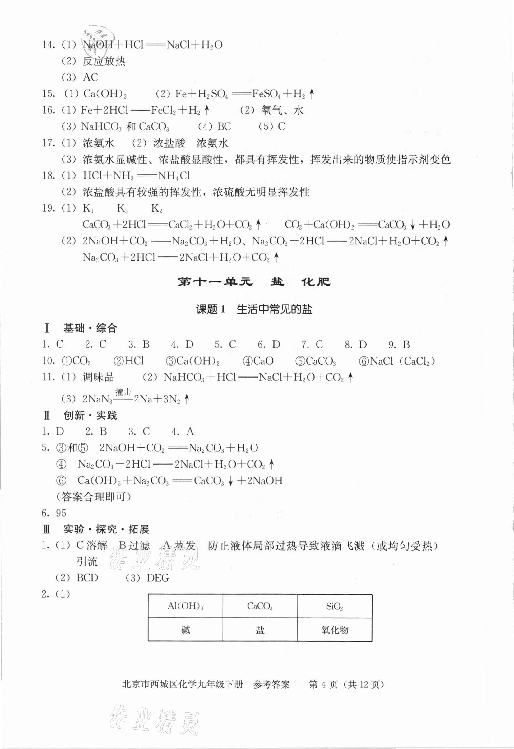 2021年学习探究诊断九年级化学下册人教版 参考答案第4页