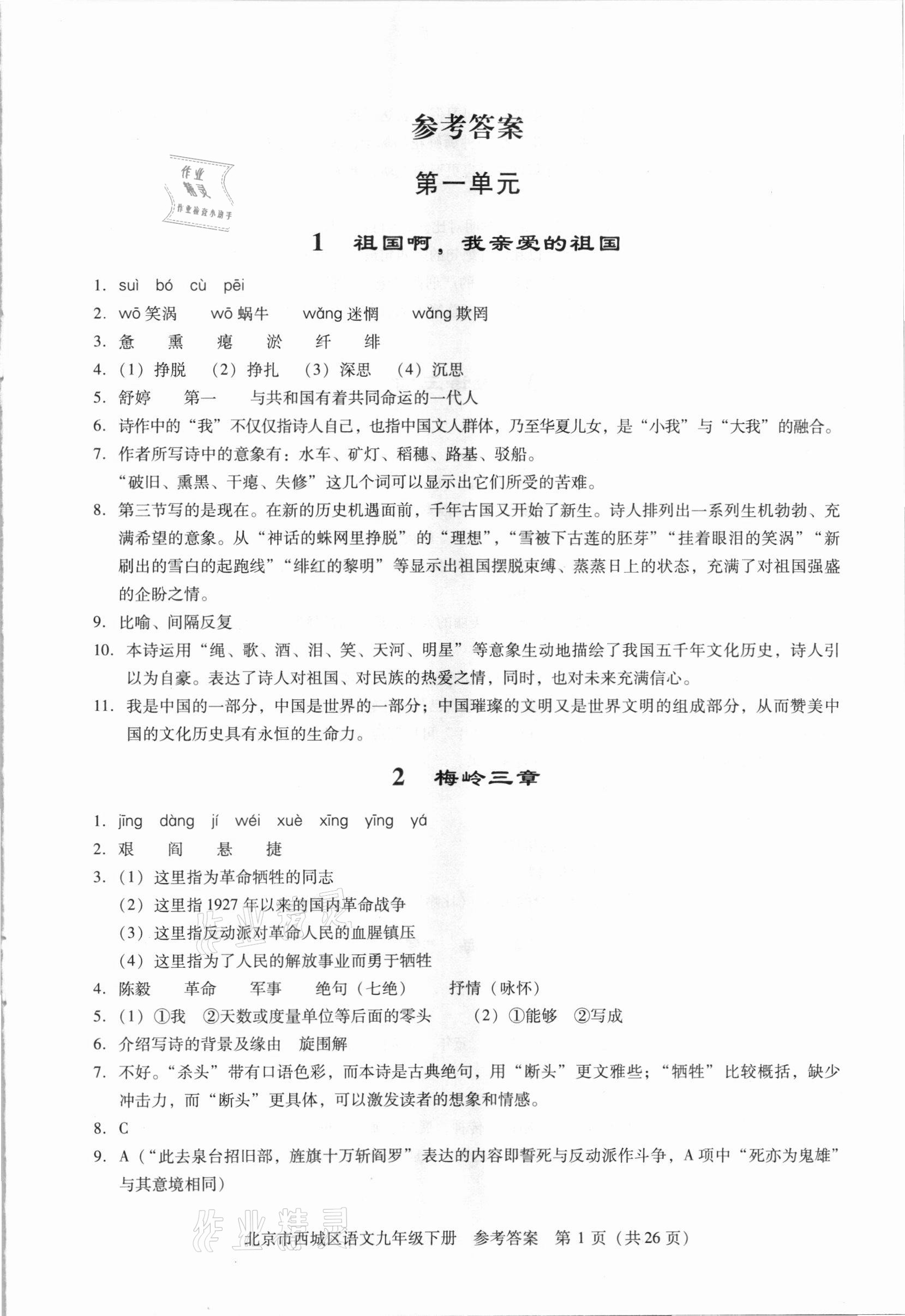 2021年學(xué)習(xí)探究診斷九年級語文下冊人教版 參考答案第1頁