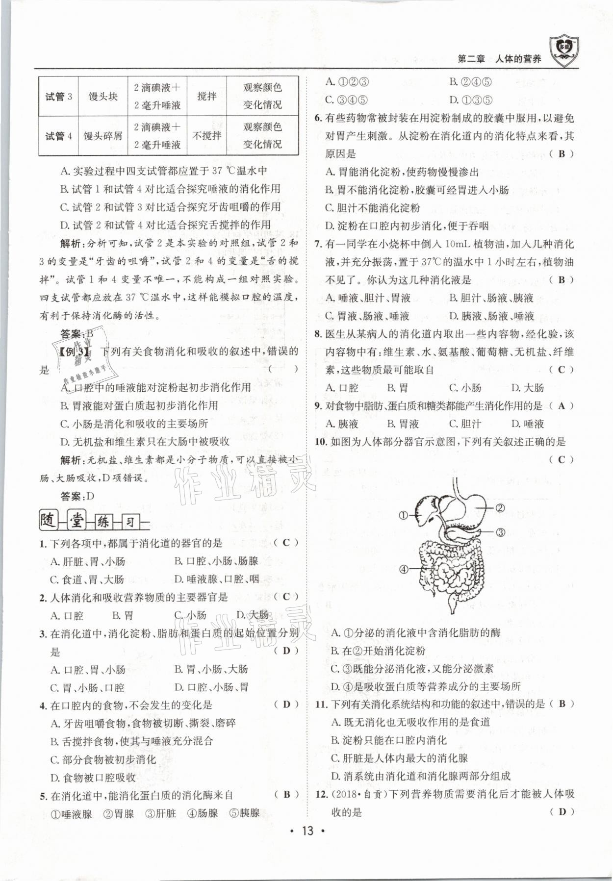 2021年指南針導(dǎo)學(xué)探究七年級生物下冊人教版 參考答案第13頁