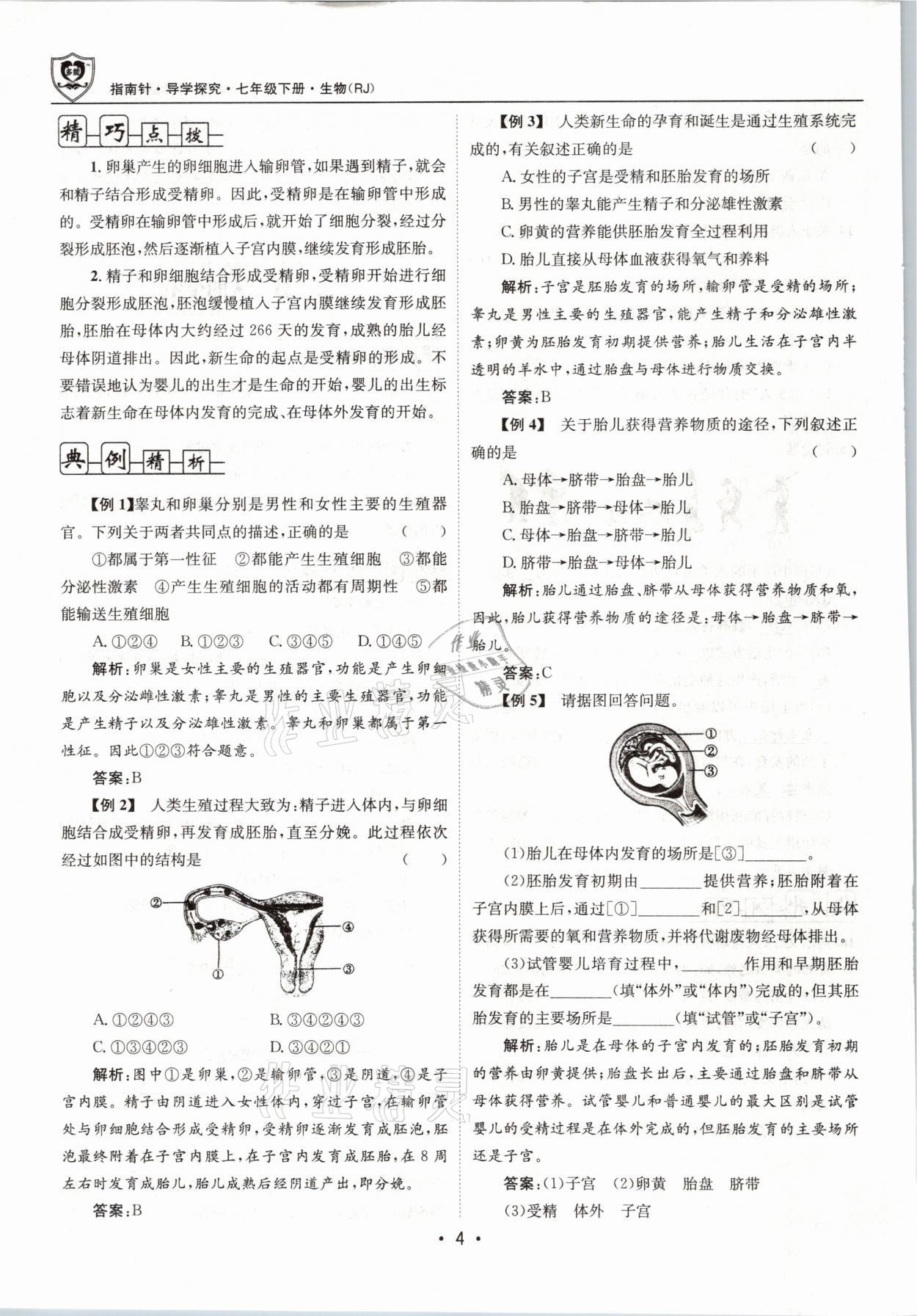 2021年指南针导学探究七年级生物下册人教版 参考答案第4页