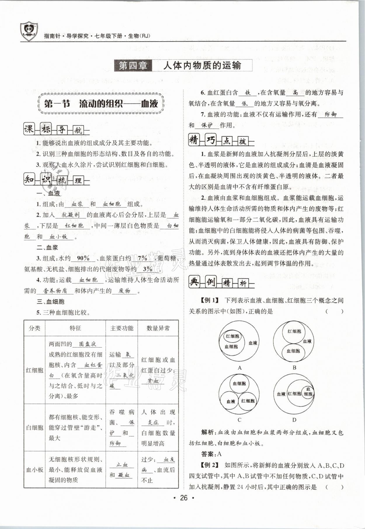 2021年指南針導(dǎo)學(xué)探究七年級生物下冊人教版 參考答案第26頁