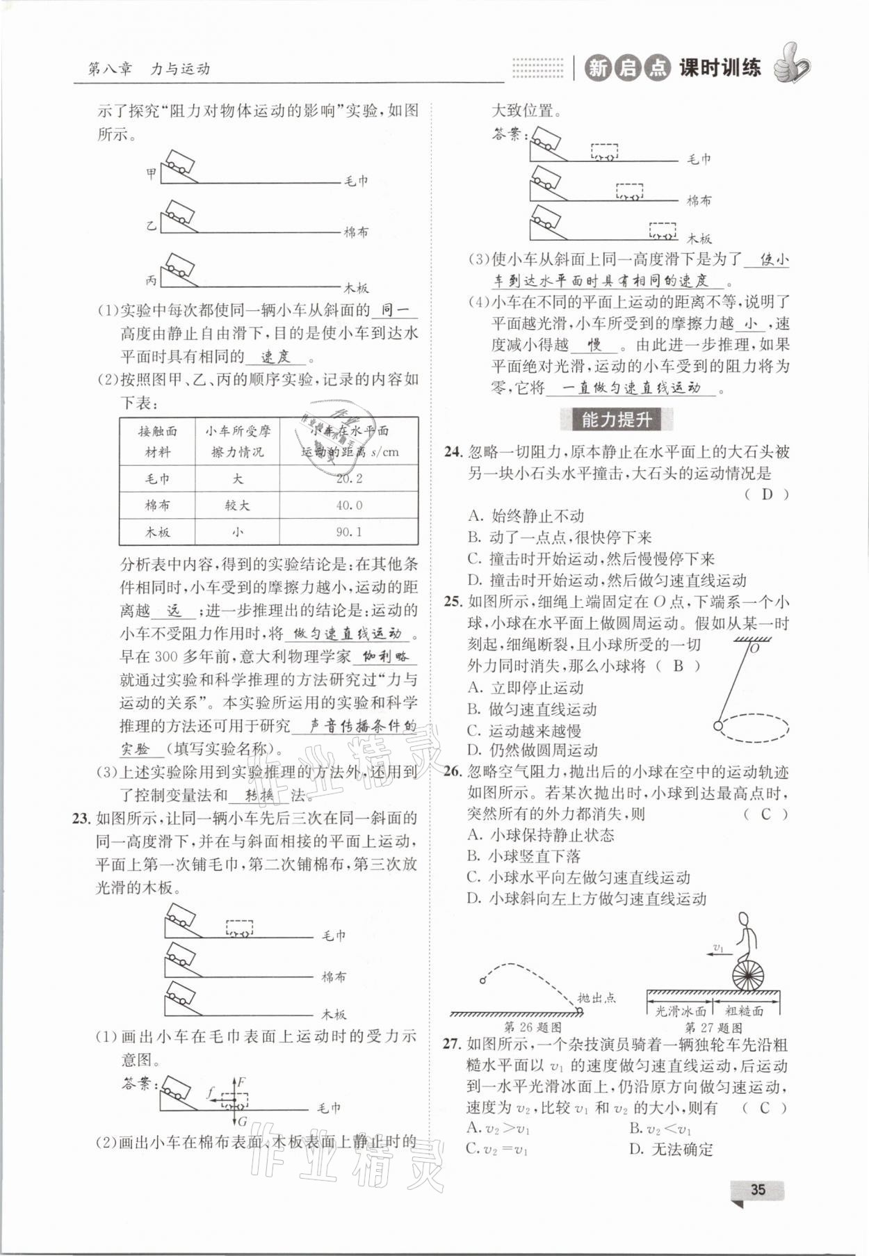 2021年新啟點課時訓練八年級物理下冊教科版 參考答案第35頁