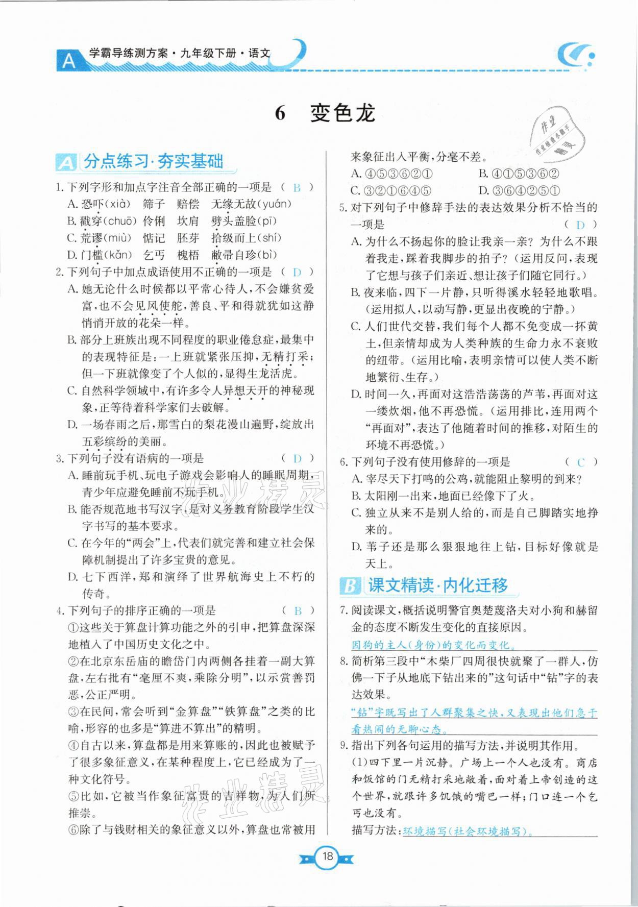 2021年學霸導練測方案九年級語文下冊人教版江西專版 參考答案第18頁