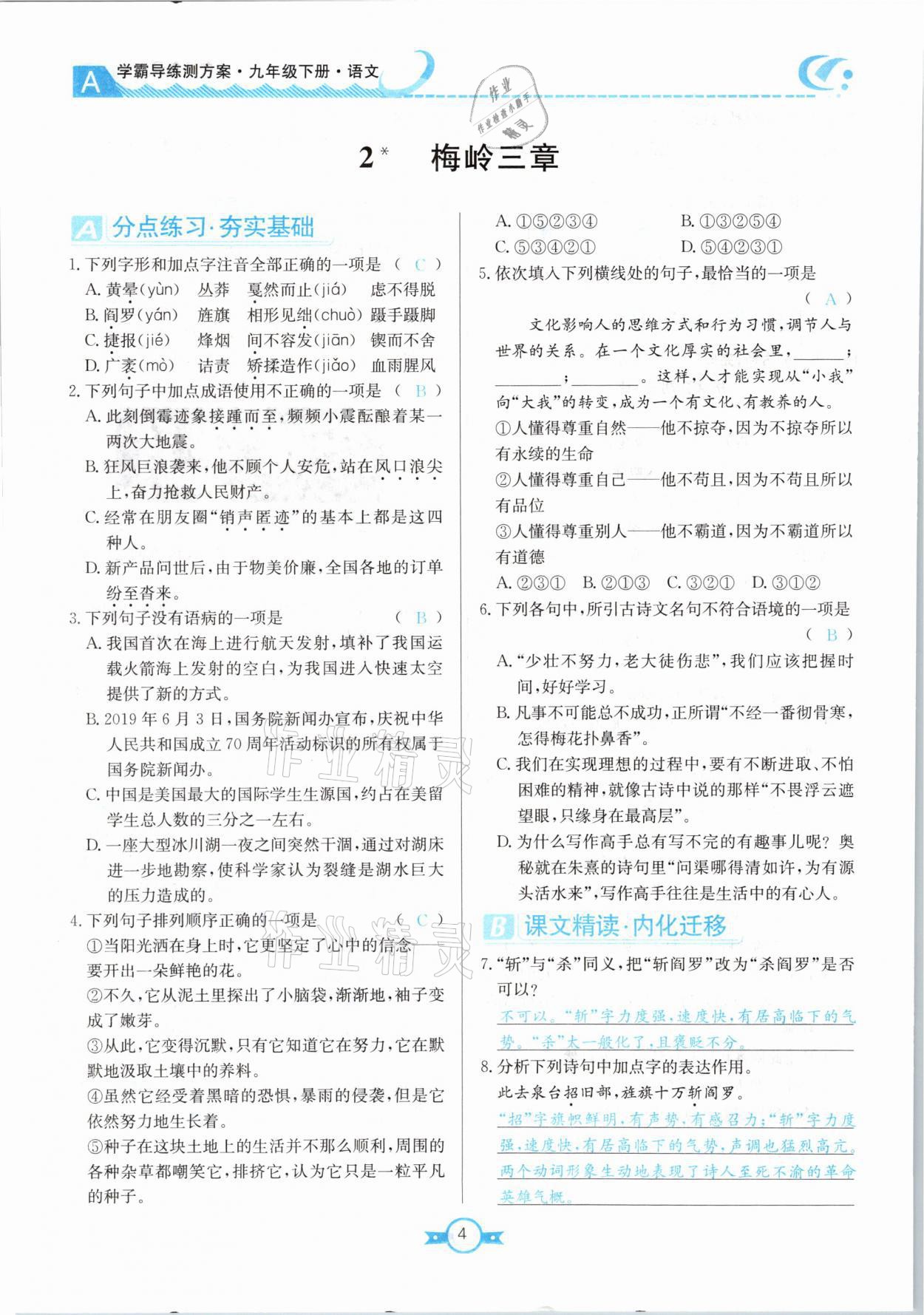 2021年學(xué)霸導(dǎo)練測(cè)方案九年級(jí)語(yǔ)文下冊(cè)人教版江西專版 參考答案第4頁(yè)