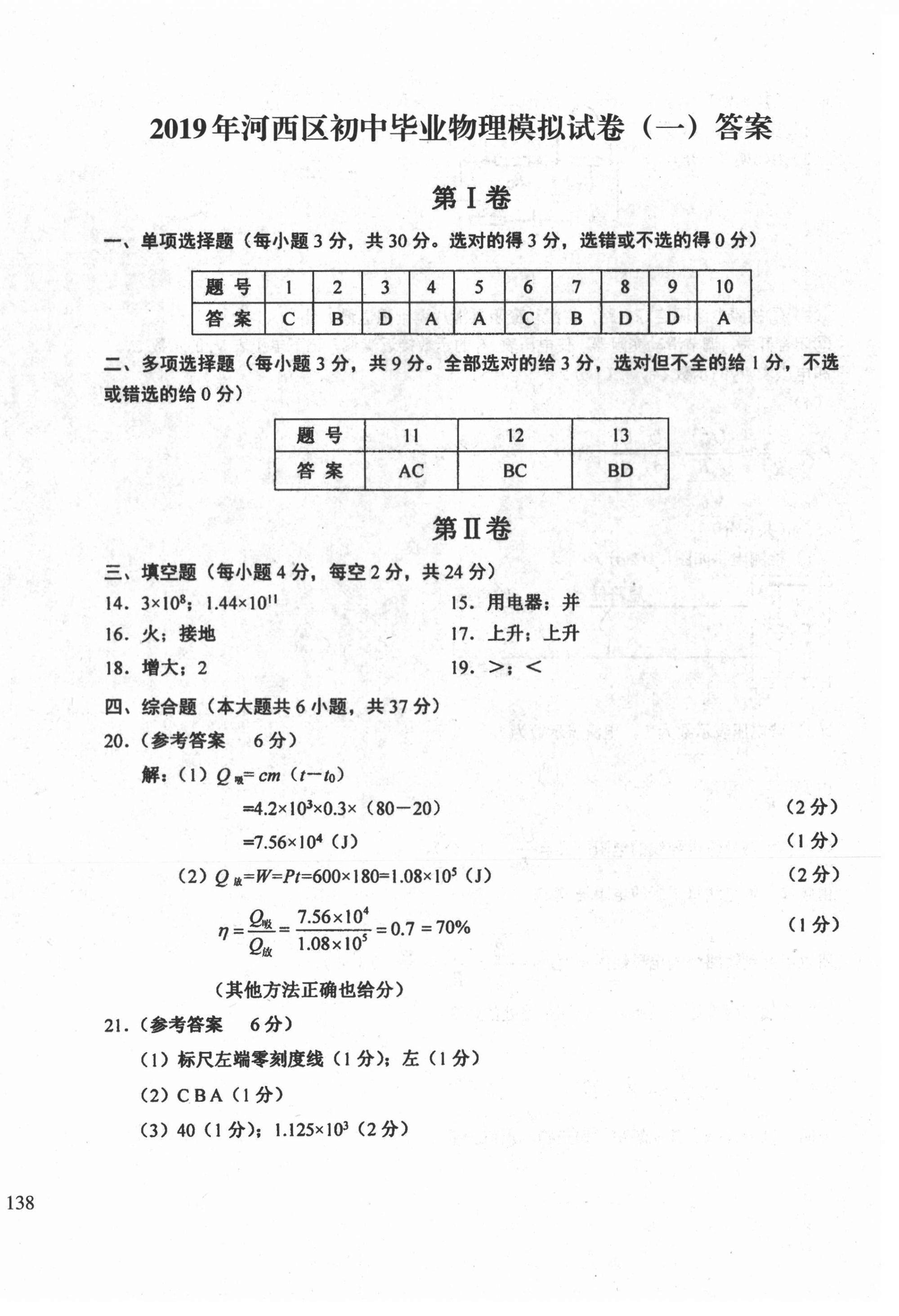 2021年初中總復(fù)習(xí)天津試卷物理 參考答案第16頁