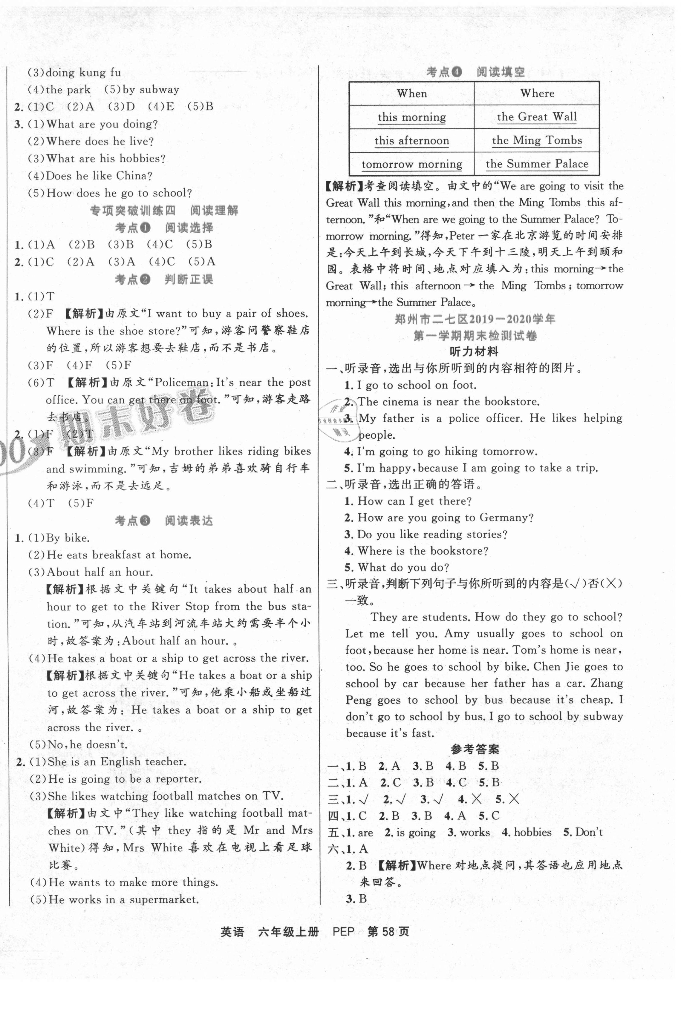 2020年名优100期末好卷六年级英语上册人教PEP版 参考答案第2页