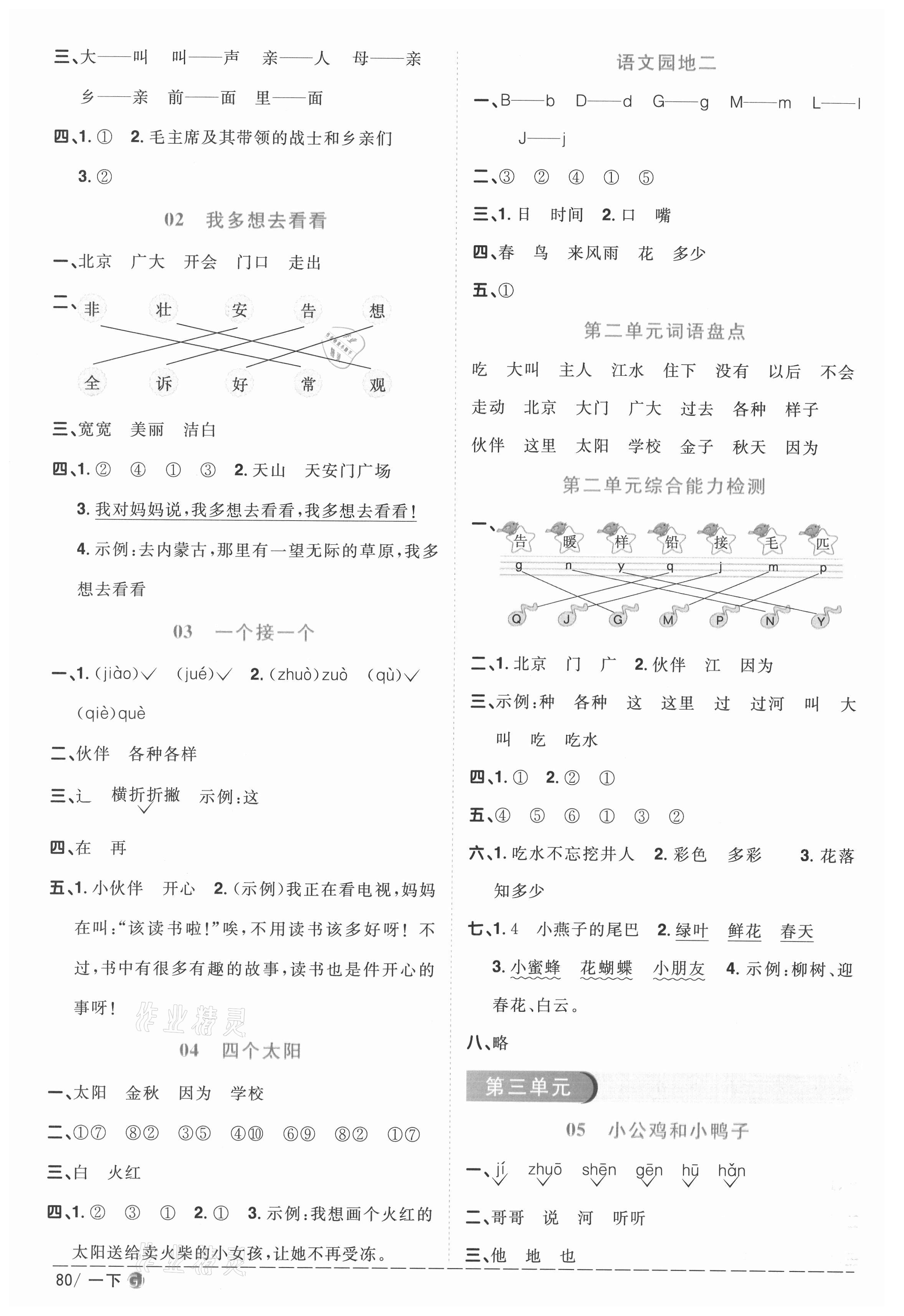 2021年陽光同學(xué)課時(shí)優(yōu)化作業(yè)一年級語文下冊人教版四川專版 參考答案第2頁