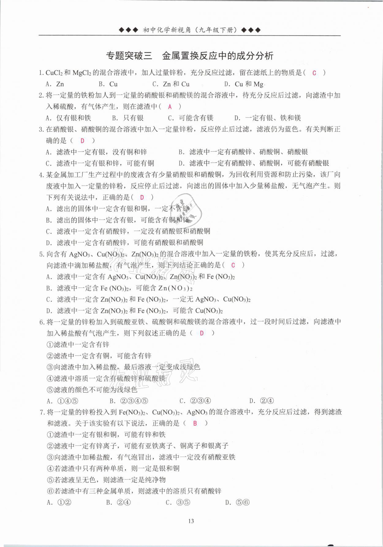 2021年新视角教辅系列丛书九年级化学下册人教版 参考答案第13页