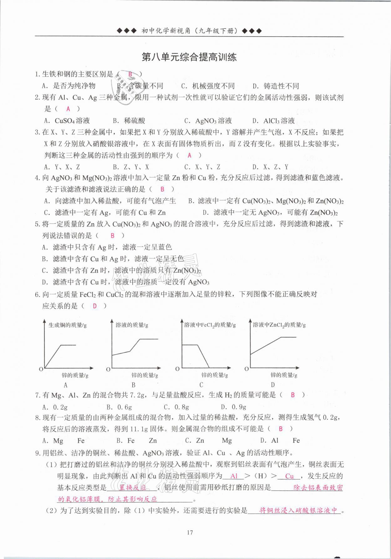 2021年新视角教辅系列丛书九年级化学下册人教版 参考答案第17页