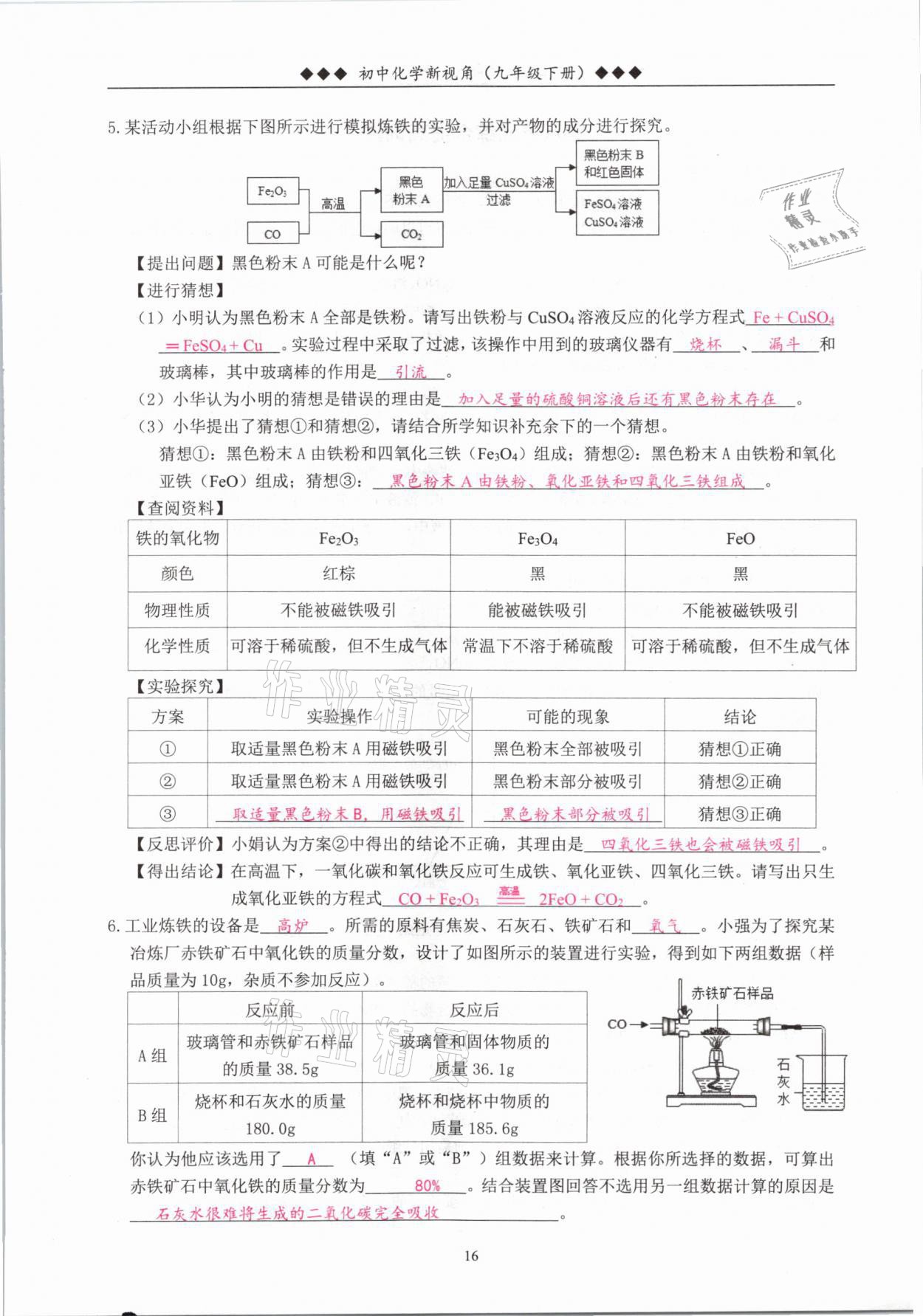 2021年新视角教辅系列丛书九年级化学下册人教版 参考答案第16页