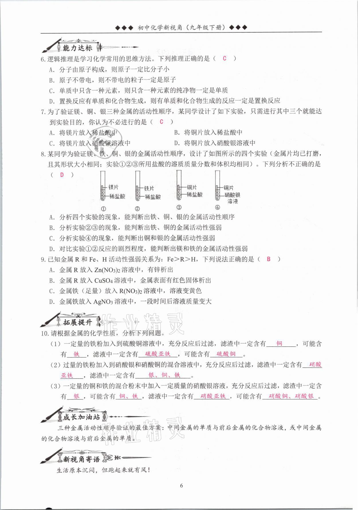 2021年新視角教輔系列叢書九年級(jí)化學(xué)下冊(cè)人教版 參考答案第6頁