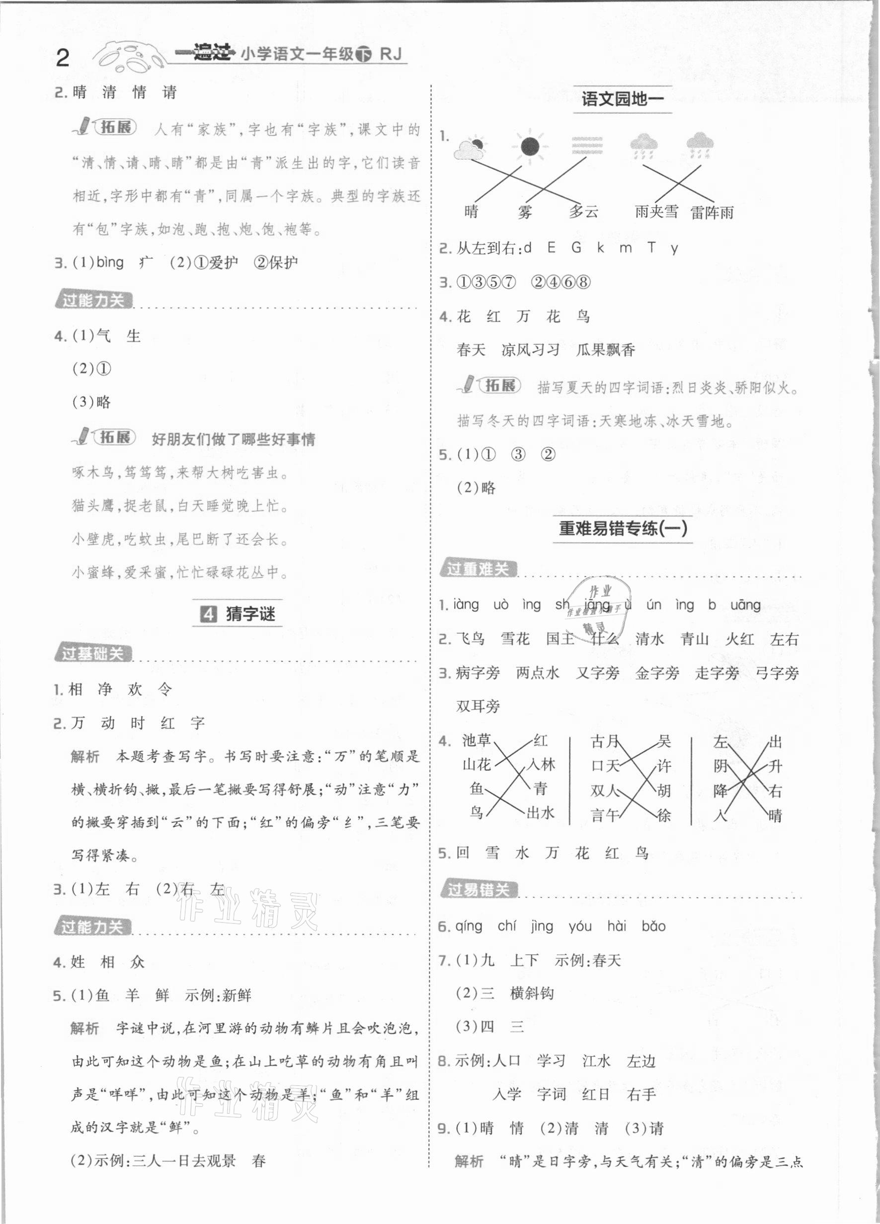 2021年一遍過(guò)小學(xué)語(yǔ)文一年級(jí)下冊(cè)人教版 參考答案第2頁(yè)