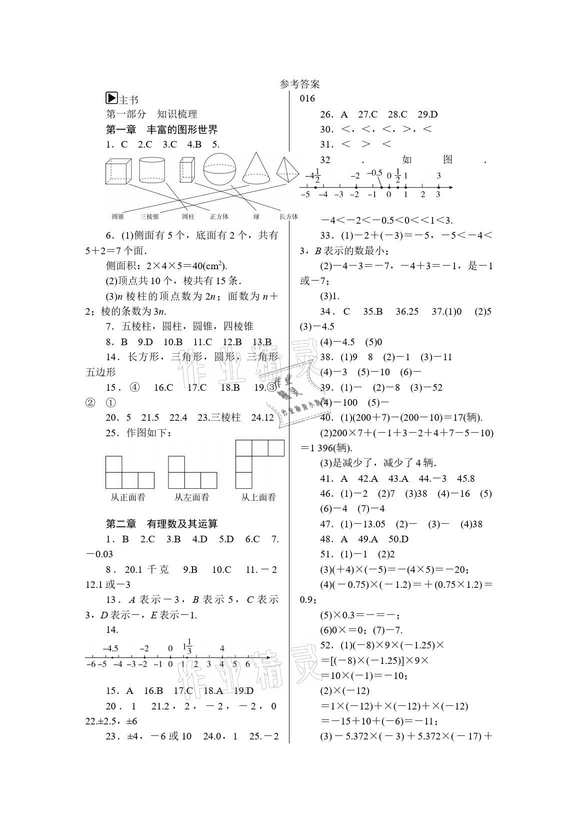 2021年春如金卷数学寒假作业本七年级 参考答案第1页