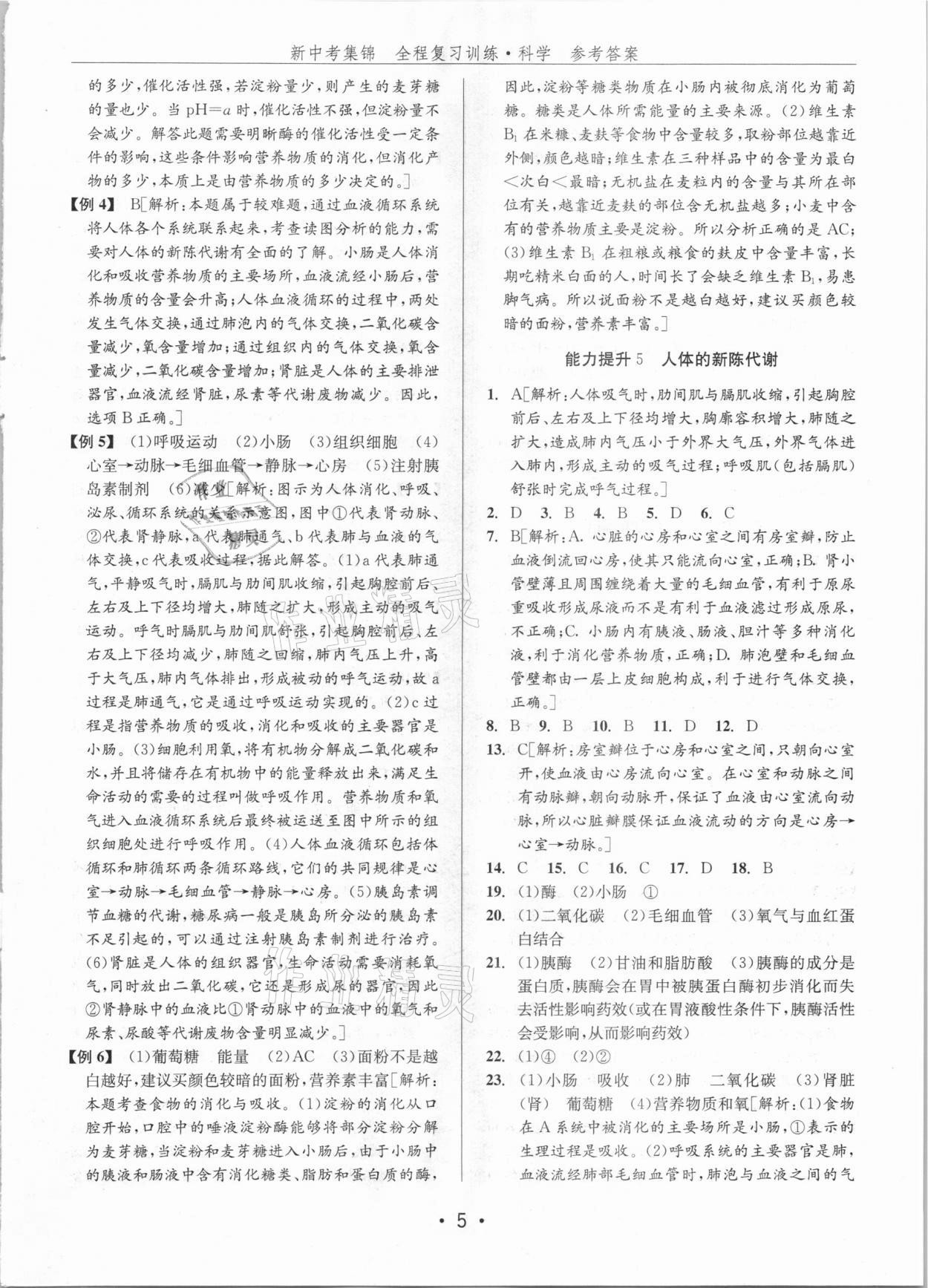 2021年新中考集錦全程復(fù)習(xí)訓(xùn)練科學(xué)H版 參考答案第5頁