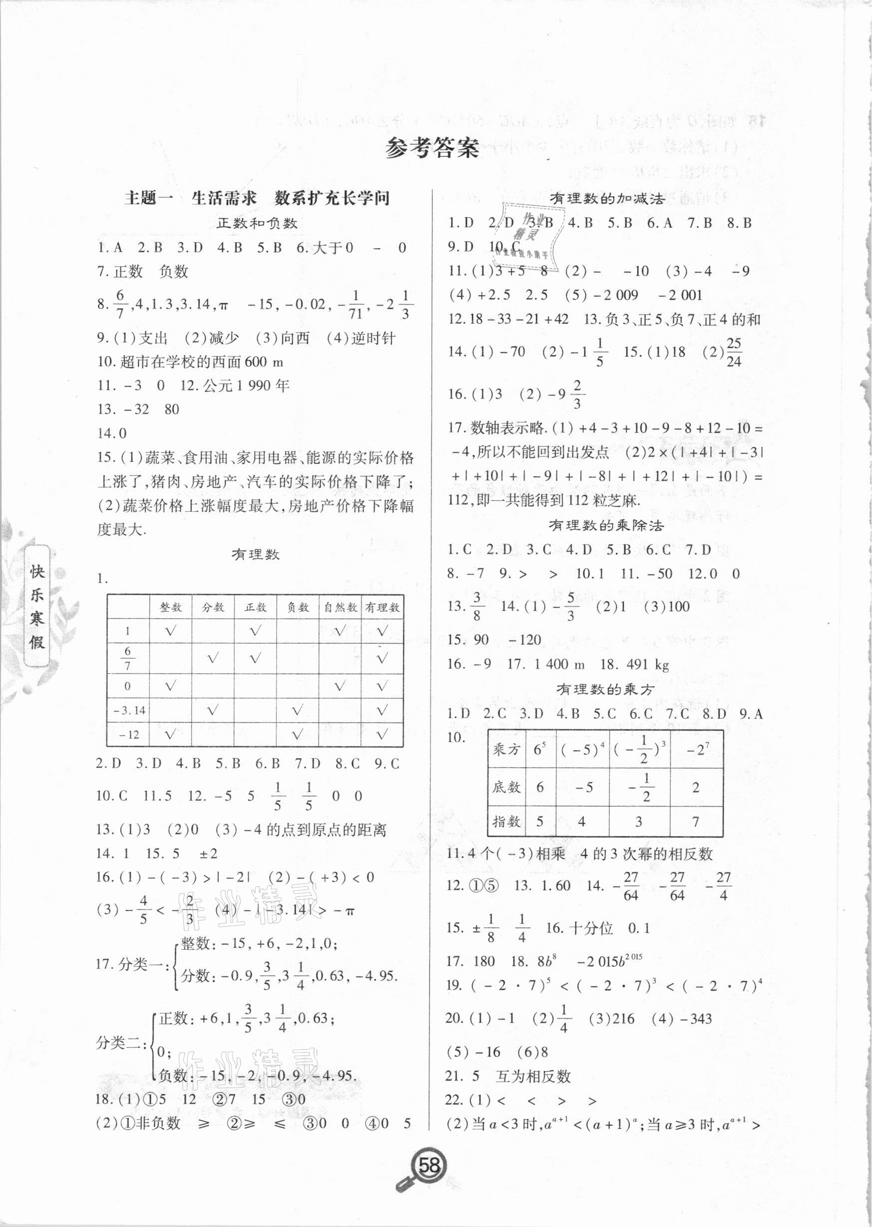 2021年Happy寒假作業(yè)快樂寒假七年級數(shù)學 參考答案第1頁