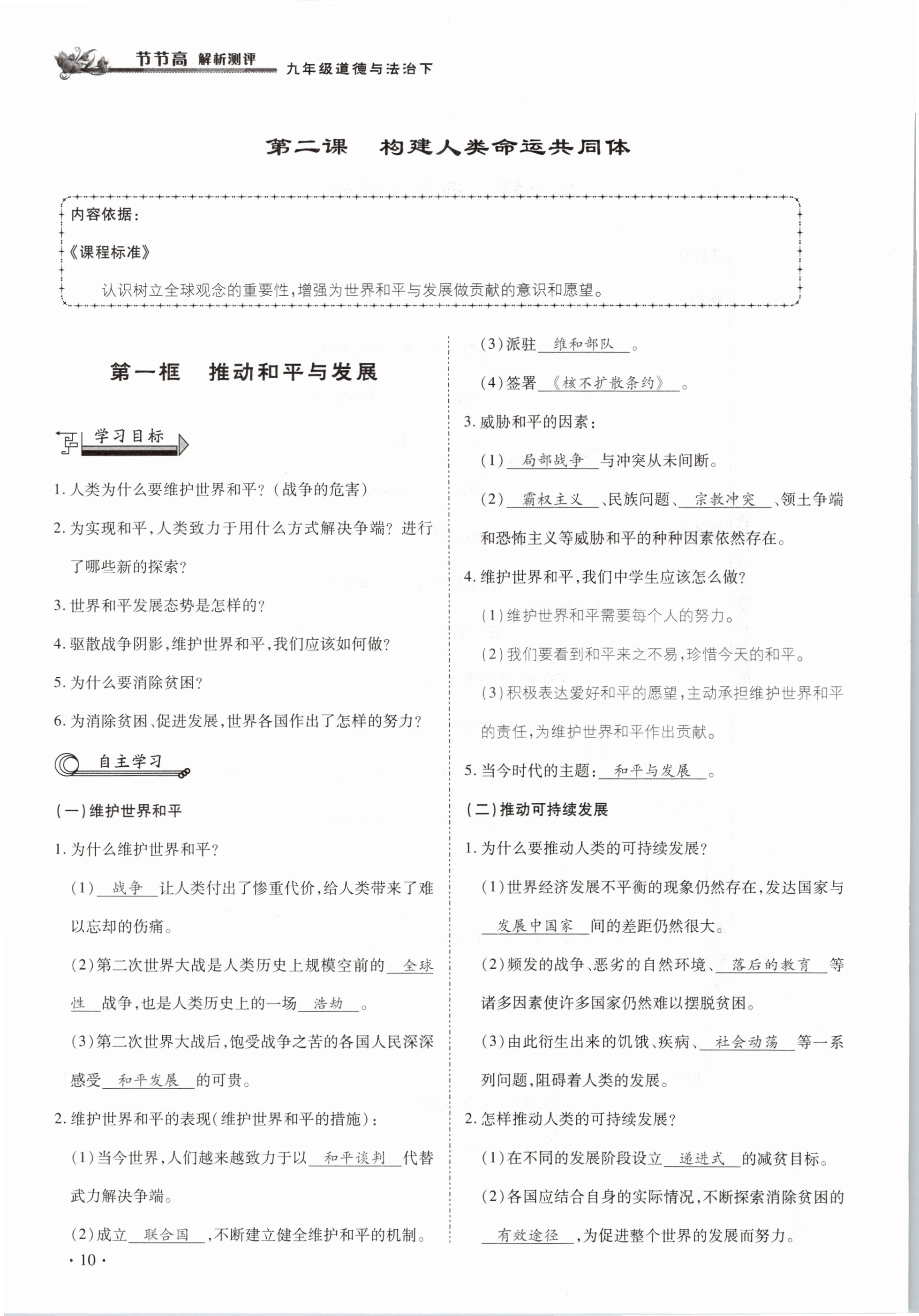 2021年節(jié)節(jié)高一對一同步精練測評九年級道德與法治下冊部編版 參考答案第10頁