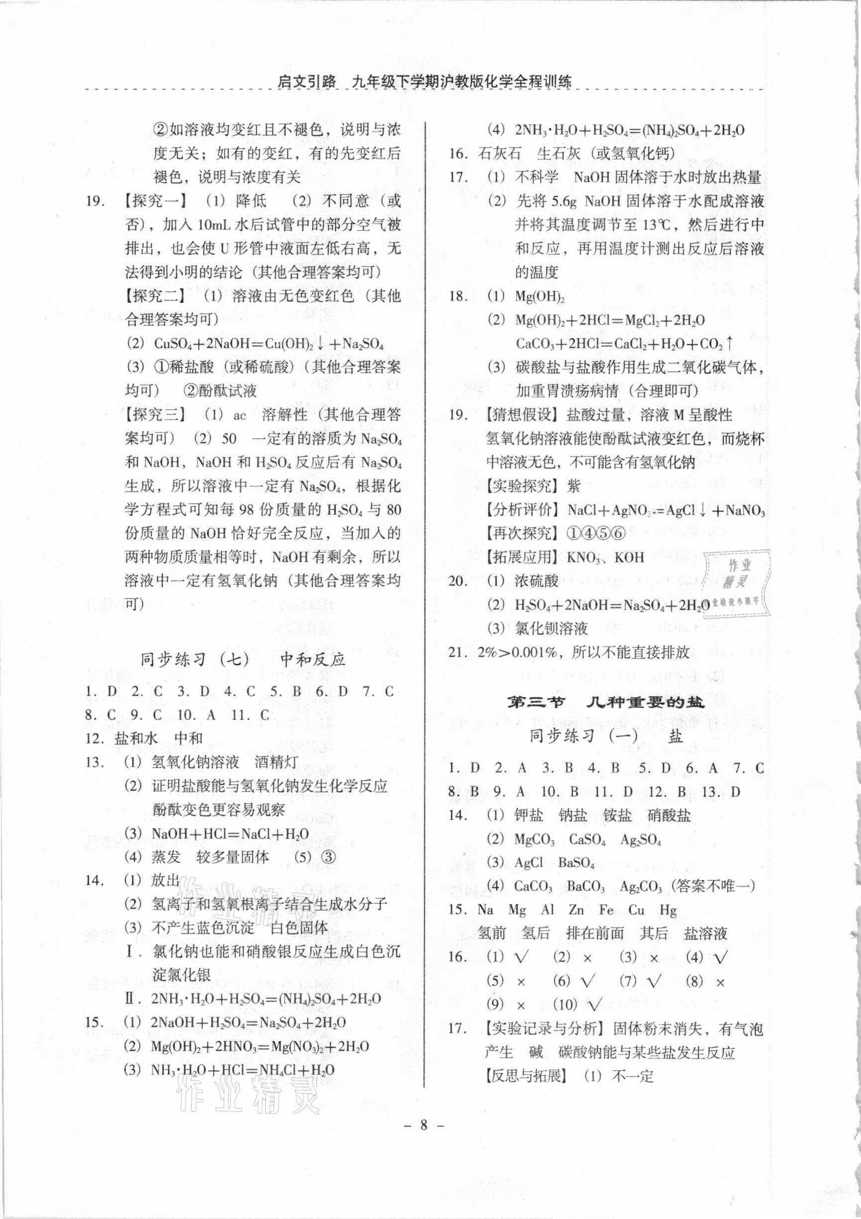 2021年启文引路九年级化学下学期沪教版 参考答案第8页