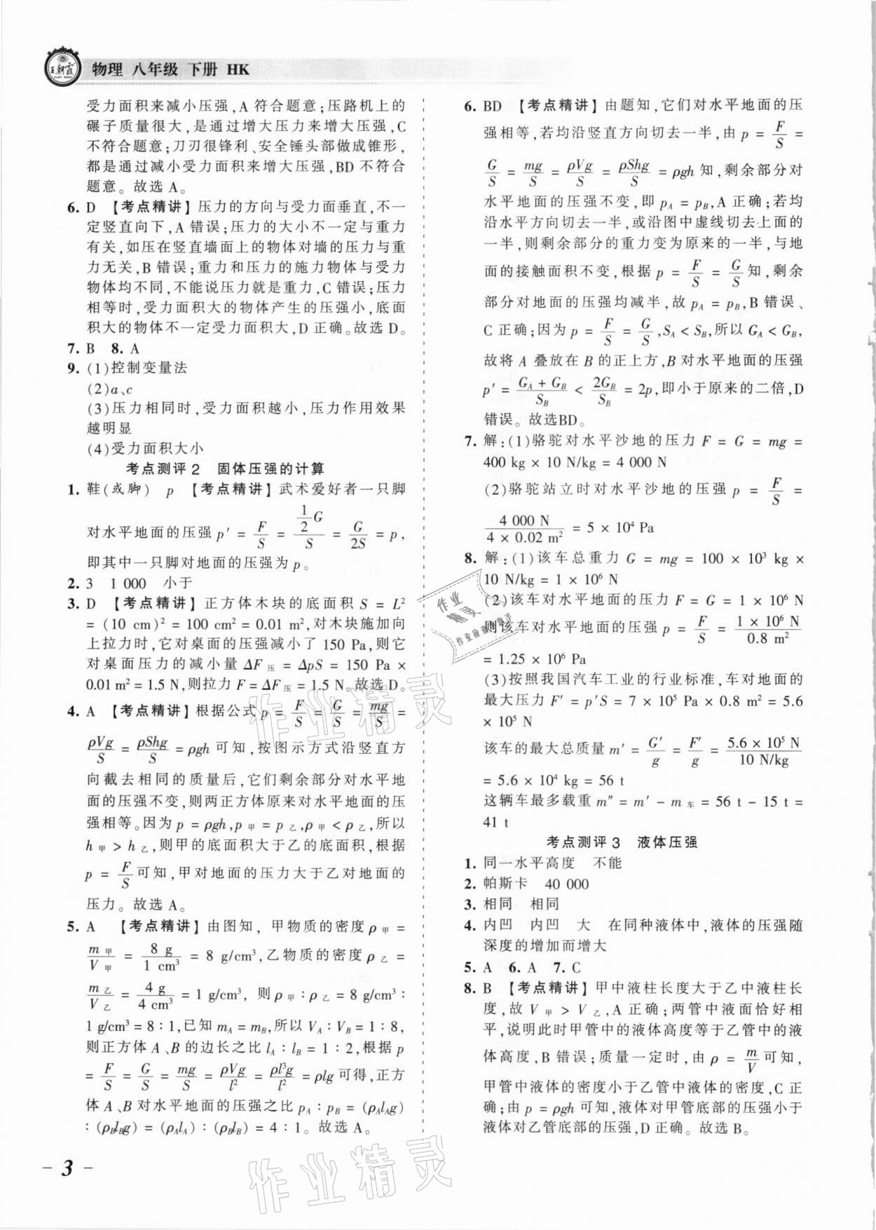 2021年王朝霞考点梳理时习卷八年级物理下册沪科版 参考答案第3页