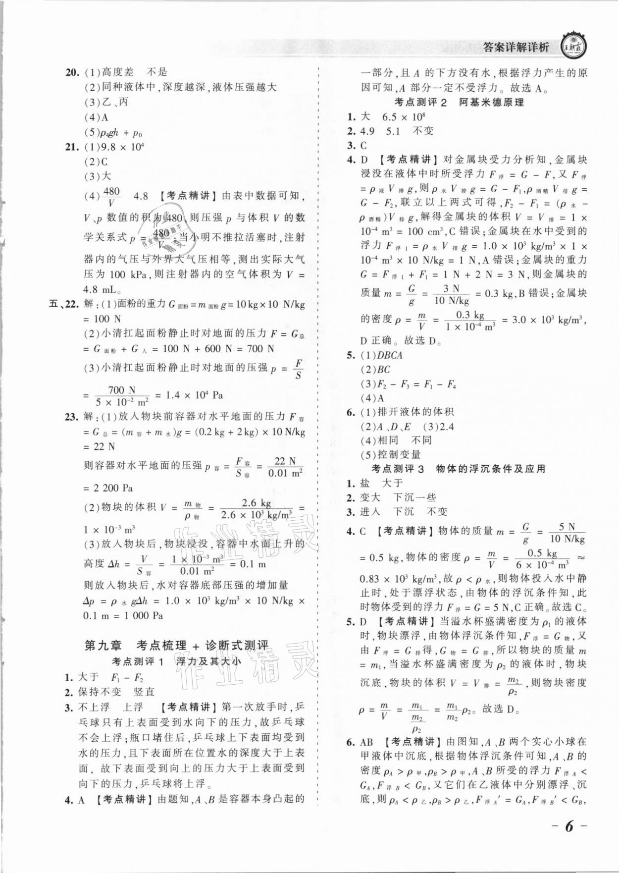 2021年王朝霞考點梳理時習(xí)卷八年級物理下冊滬科版 參考答案第6頁