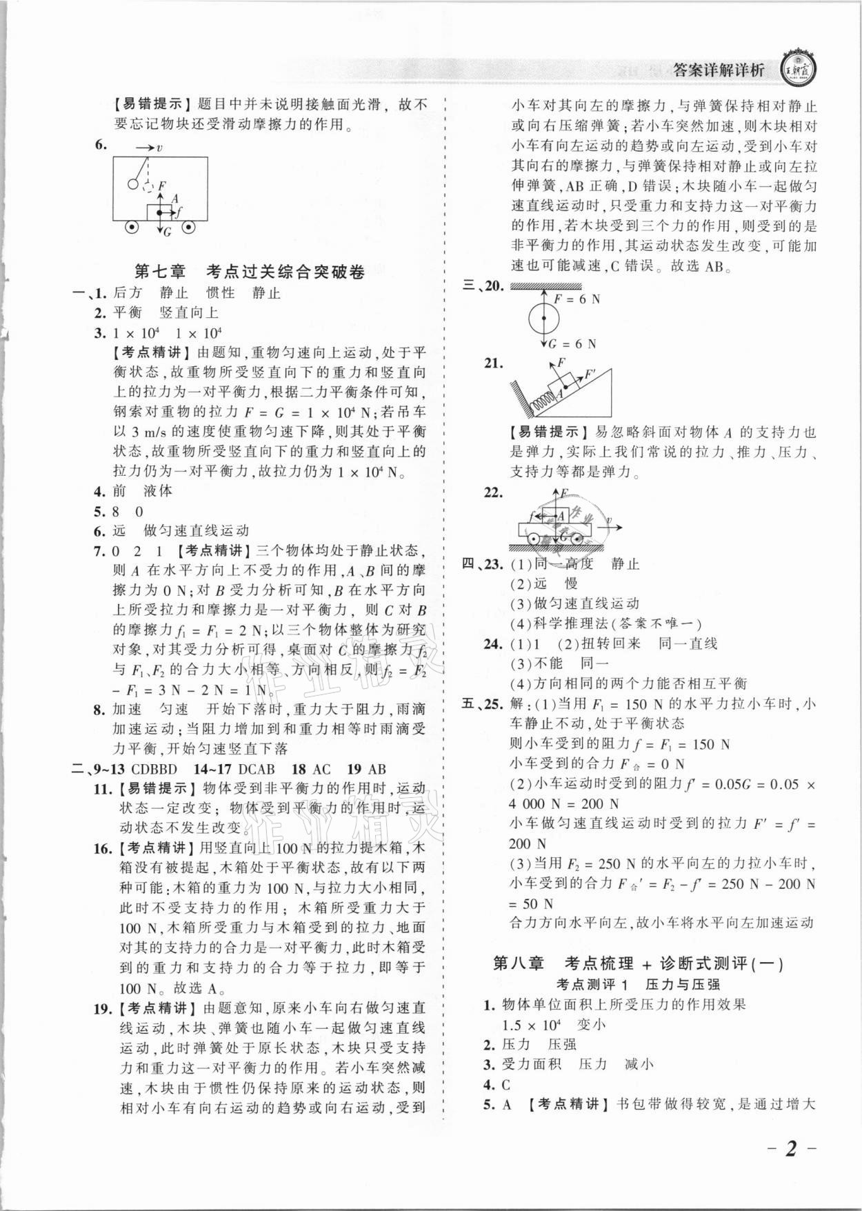 2021年王朝霞考點(diǎn)梳理時(shí)習(xí)卷八年級物理下冊滬科版 參考答案第2頁