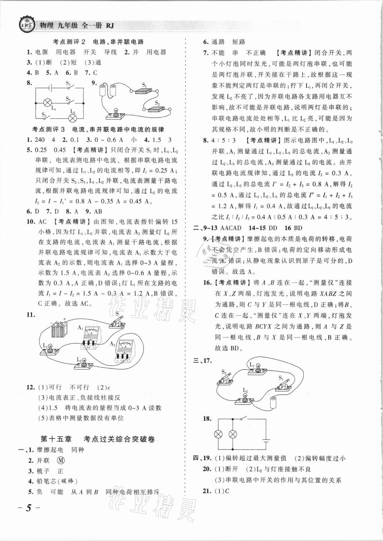 2021年王朝霞考点梳理时习卷九年级物理全一册人教版 参考答案第5页