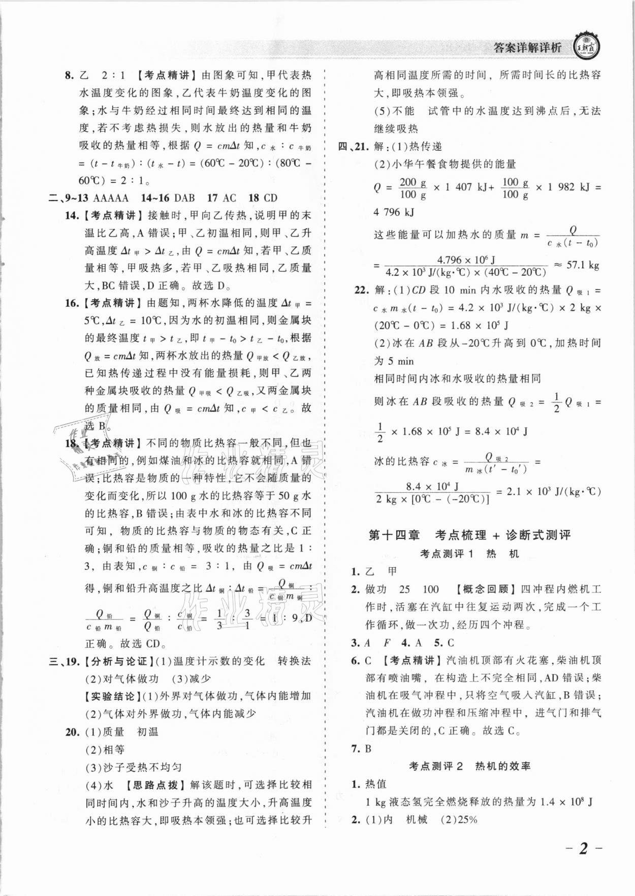 2021年王朝霞考点梳理时习卷九年级物理全一册人教版 参考答案第2页