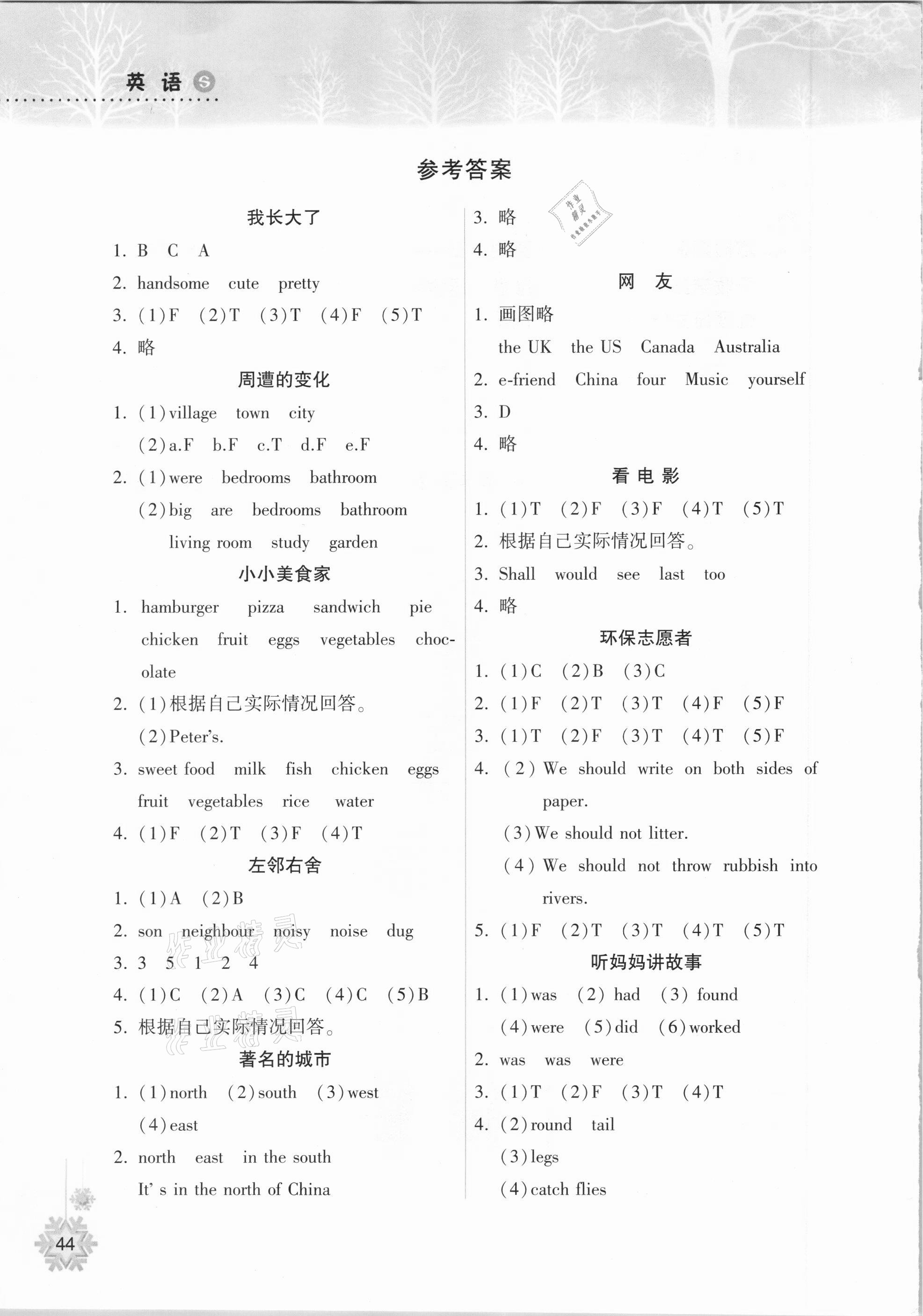 2021年寒假作业本六年级英语沪教版希望出版社 参考答案第1页