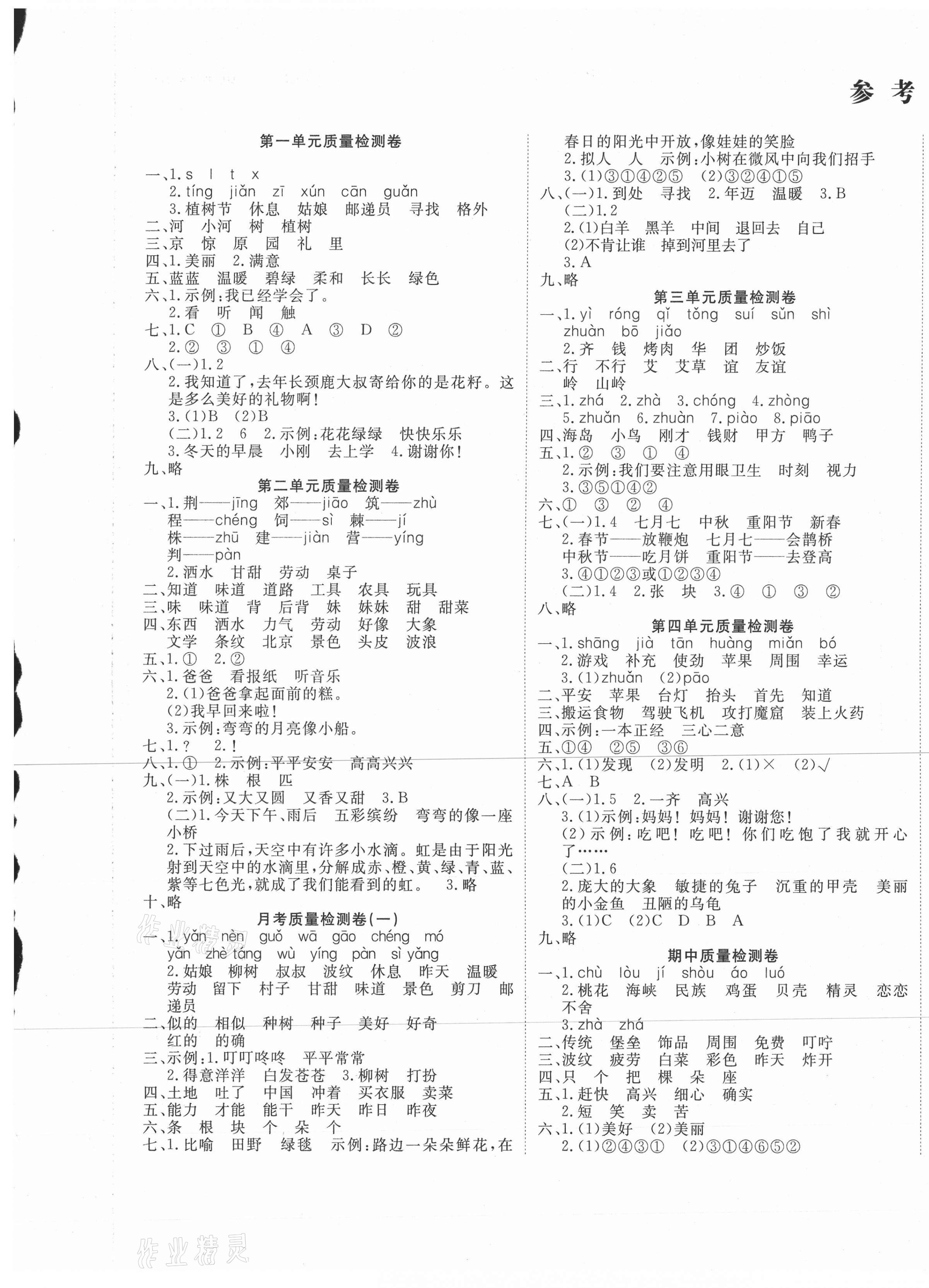 2021年學海金卷小學奪冠單元檢測卷二年級語文下冊人教版新疆專版 參考答案第1頁