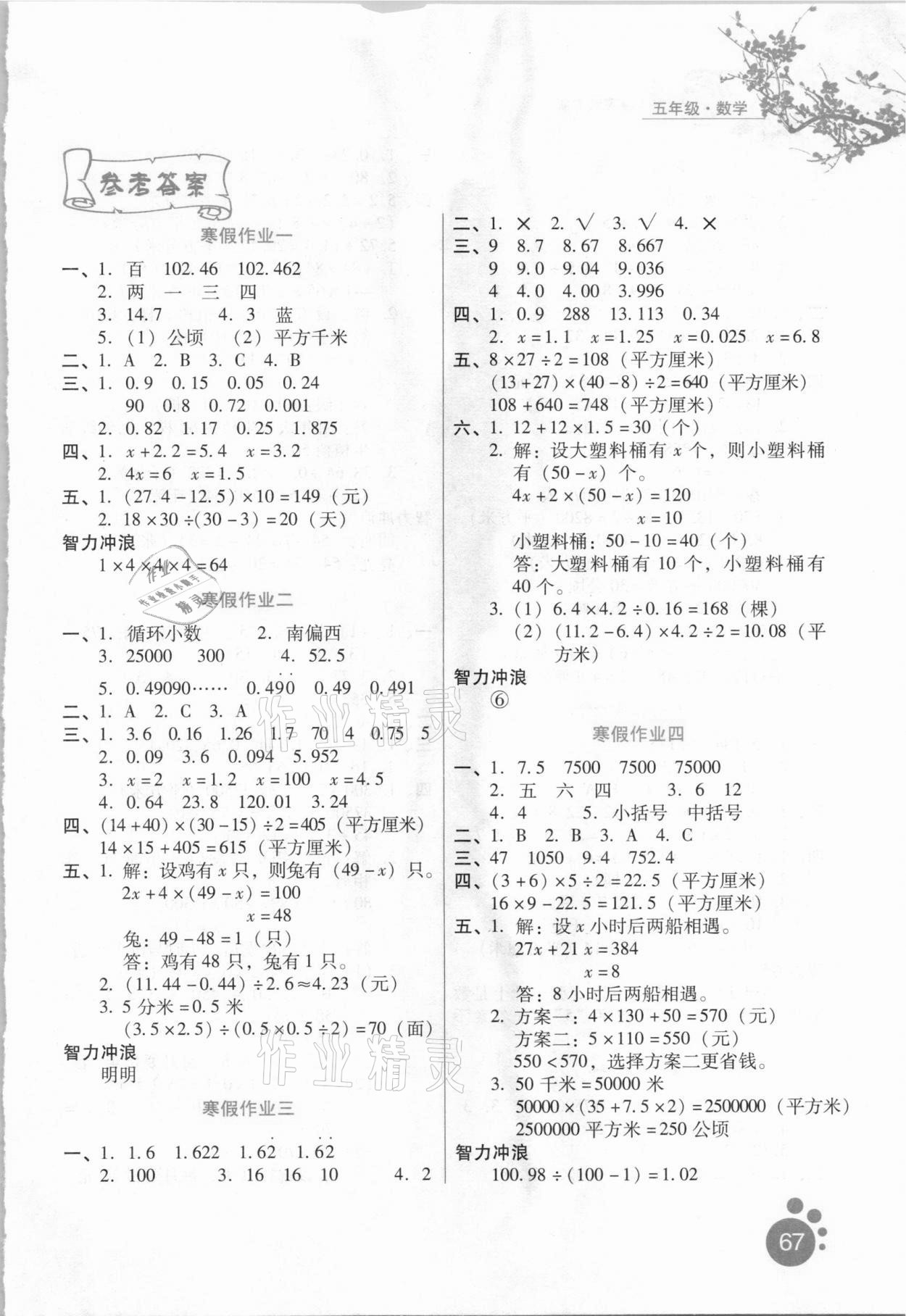 2021年寒假生活五年级数学冀教版河北人民出版社 第1页