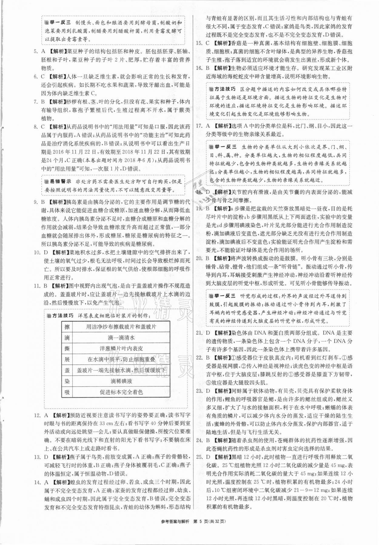 2021年春雨教育考必勝福建省中考試卷精選生物 參考答案第5頁