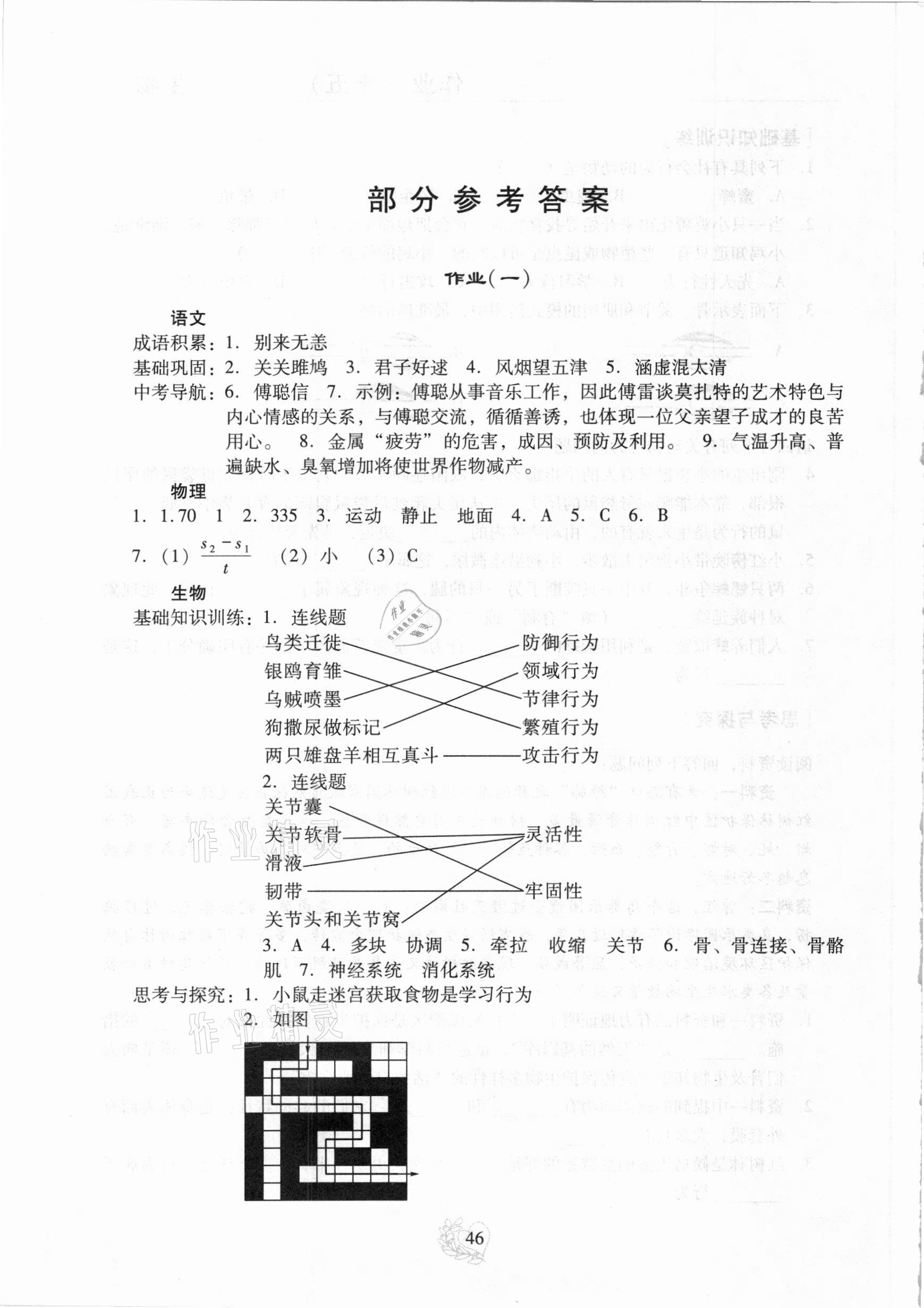 2021年新課程實踐與探究叢書寒假生活八年級綜合 參考答案第1頁