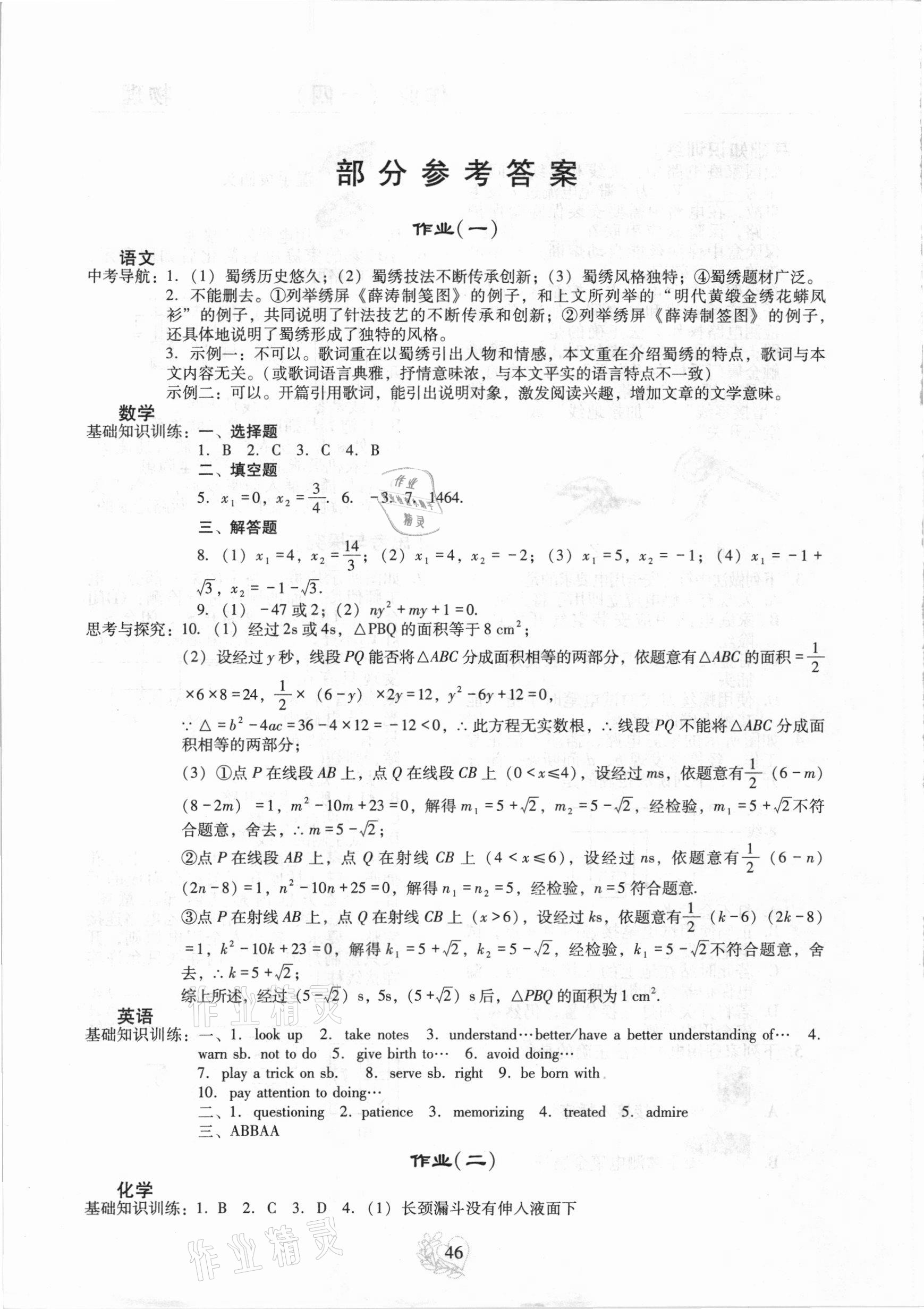 2021年新課程實(shí)踐與探究叢書寒假生活九年級(jí)綜合 參考答案第1頁