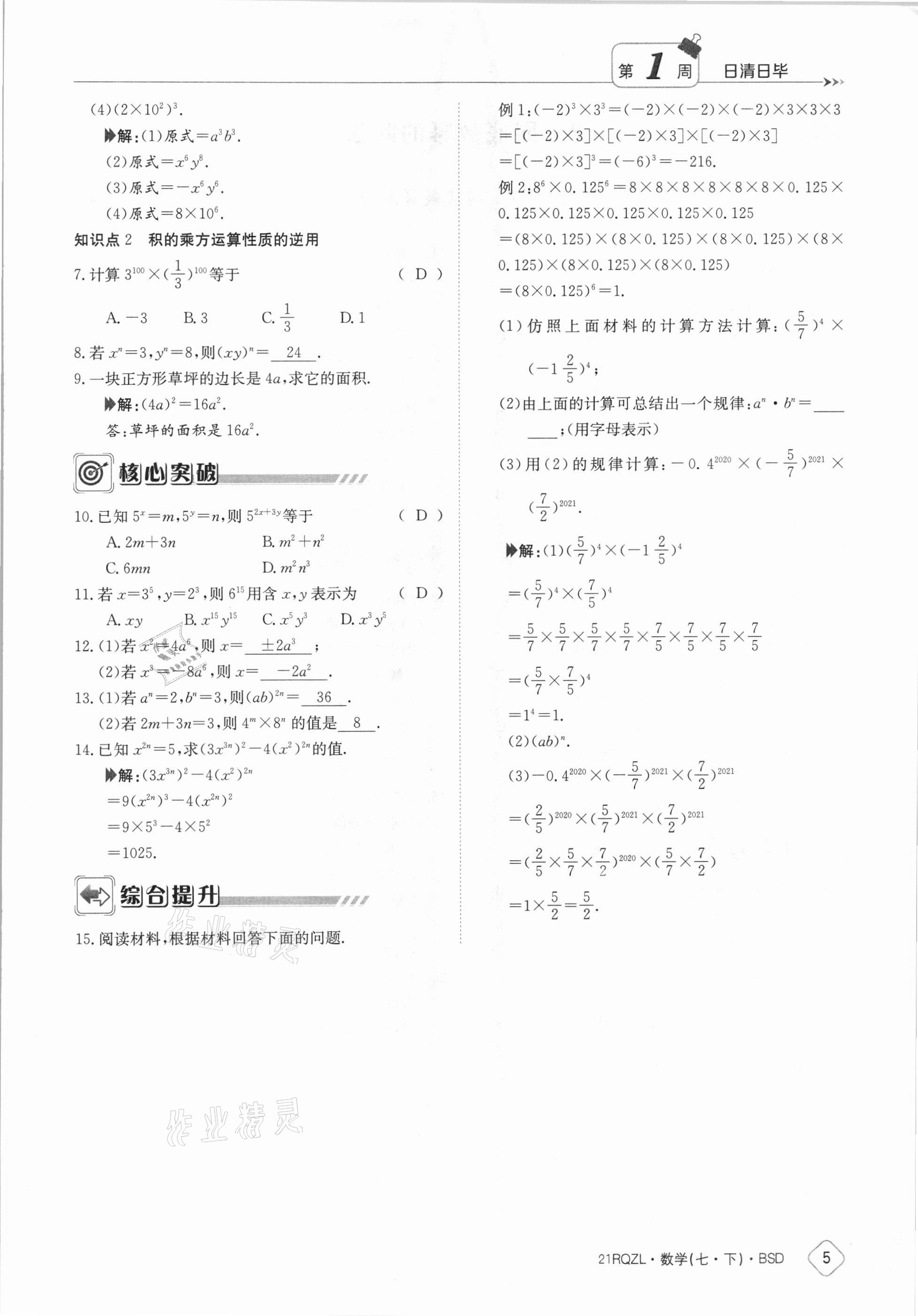 2021年日清周练七年级数学下册北师大版 参考答案第5页