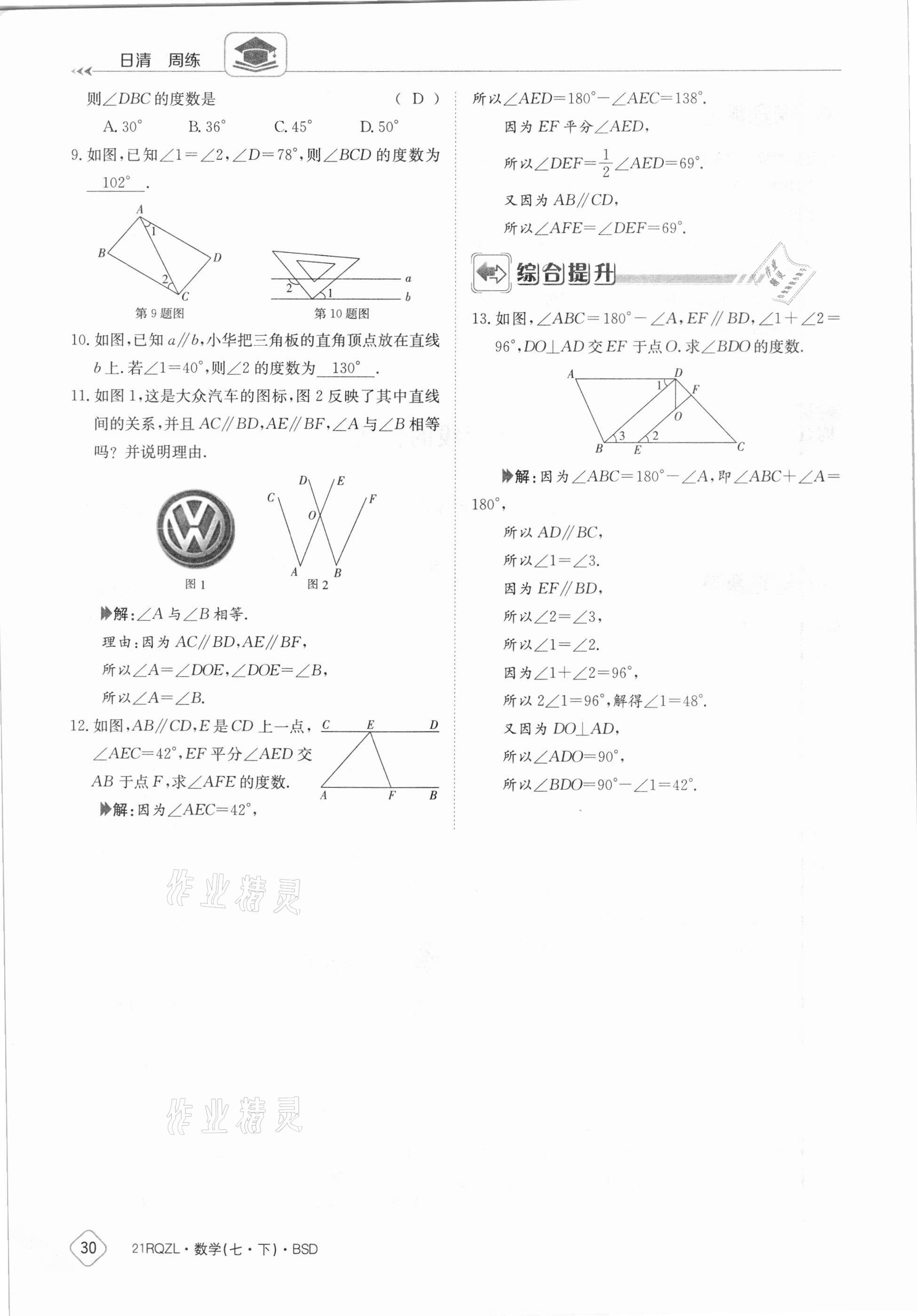 2021年日清周練七年級數(shù)學下冊北師大版 參考答案第30頁