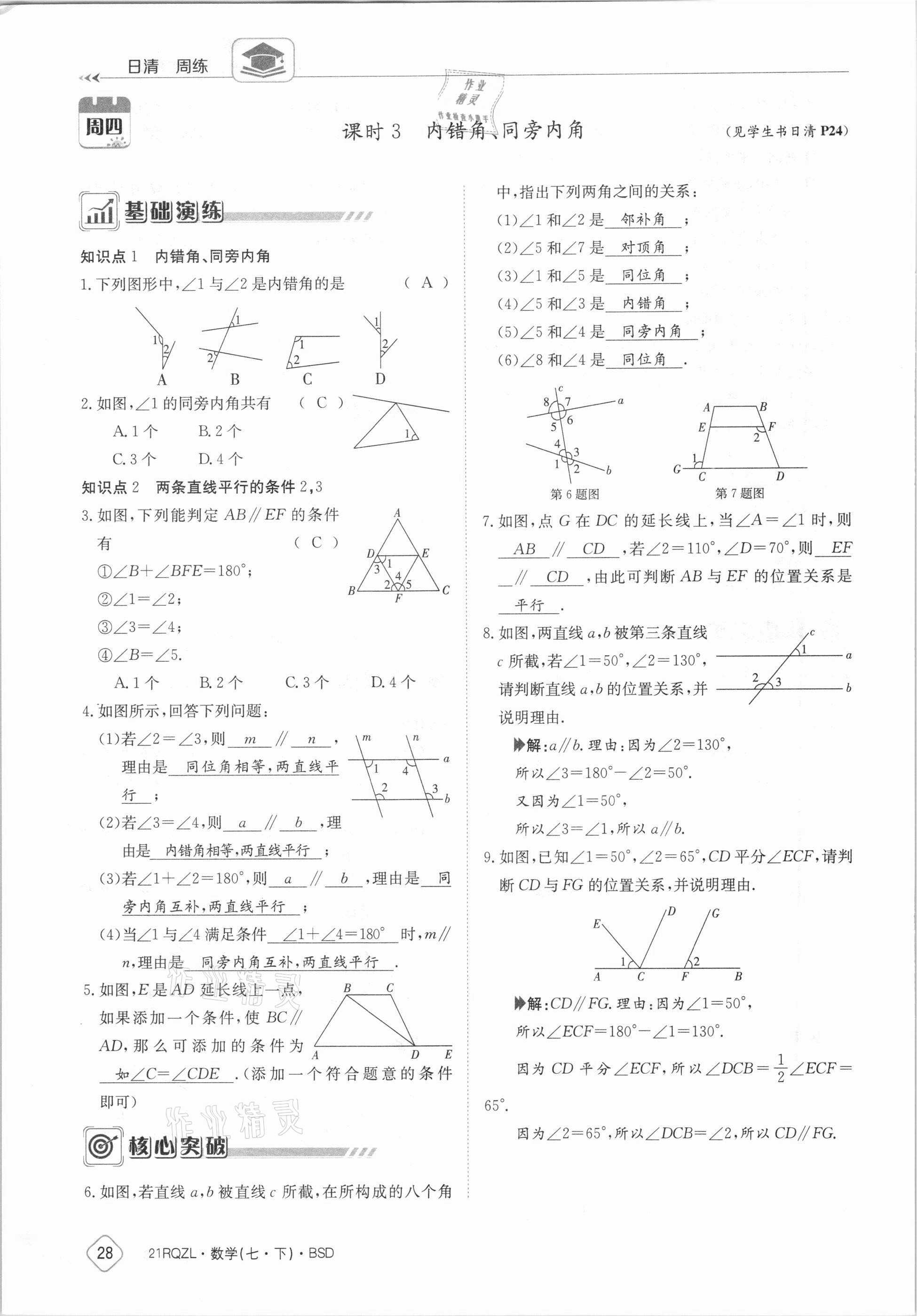 2021年日清周练七年级数学下册北师大版 参考答案第28页