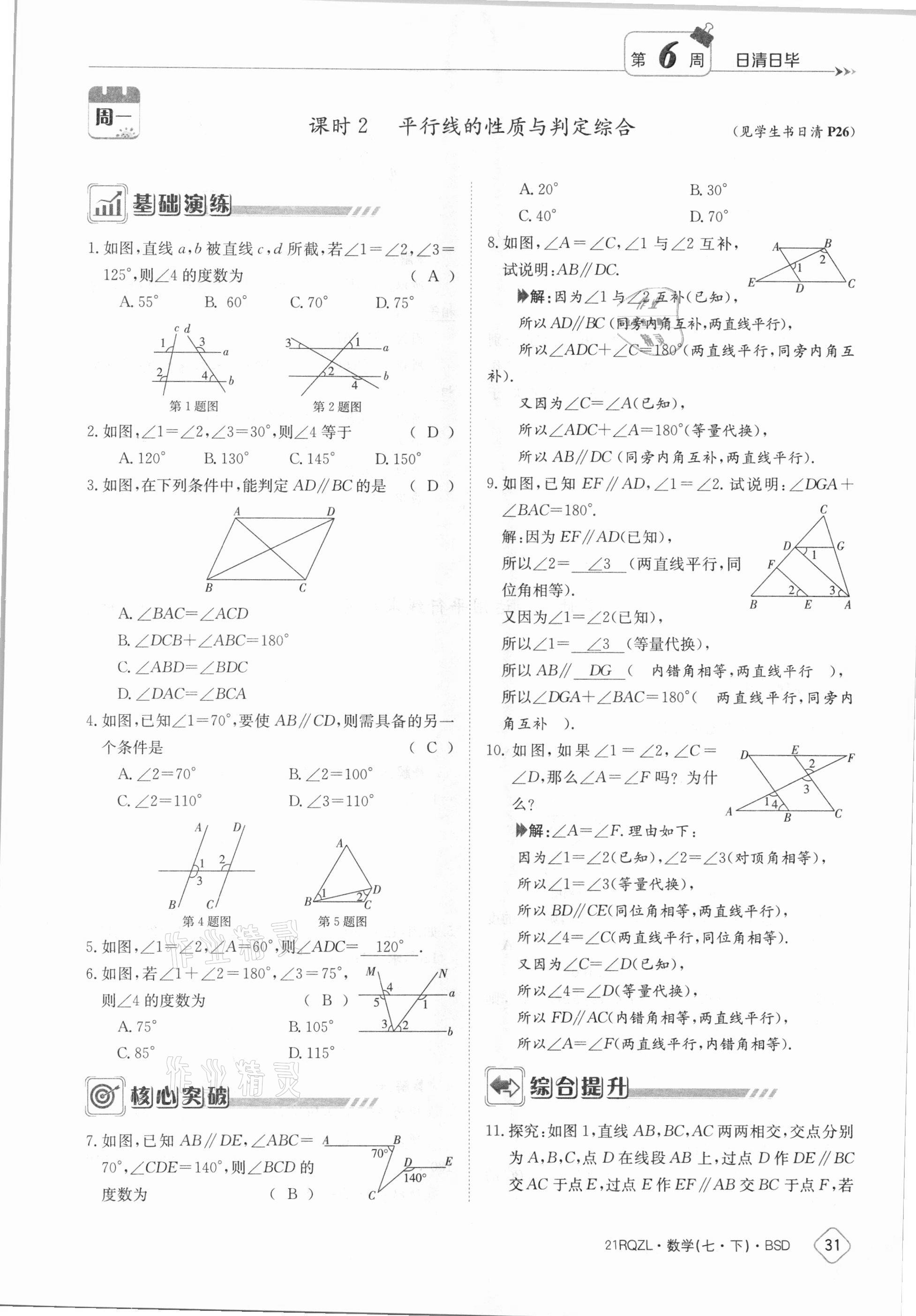 2021年日清周练七年级数学下册北师大版 参考答案第31页