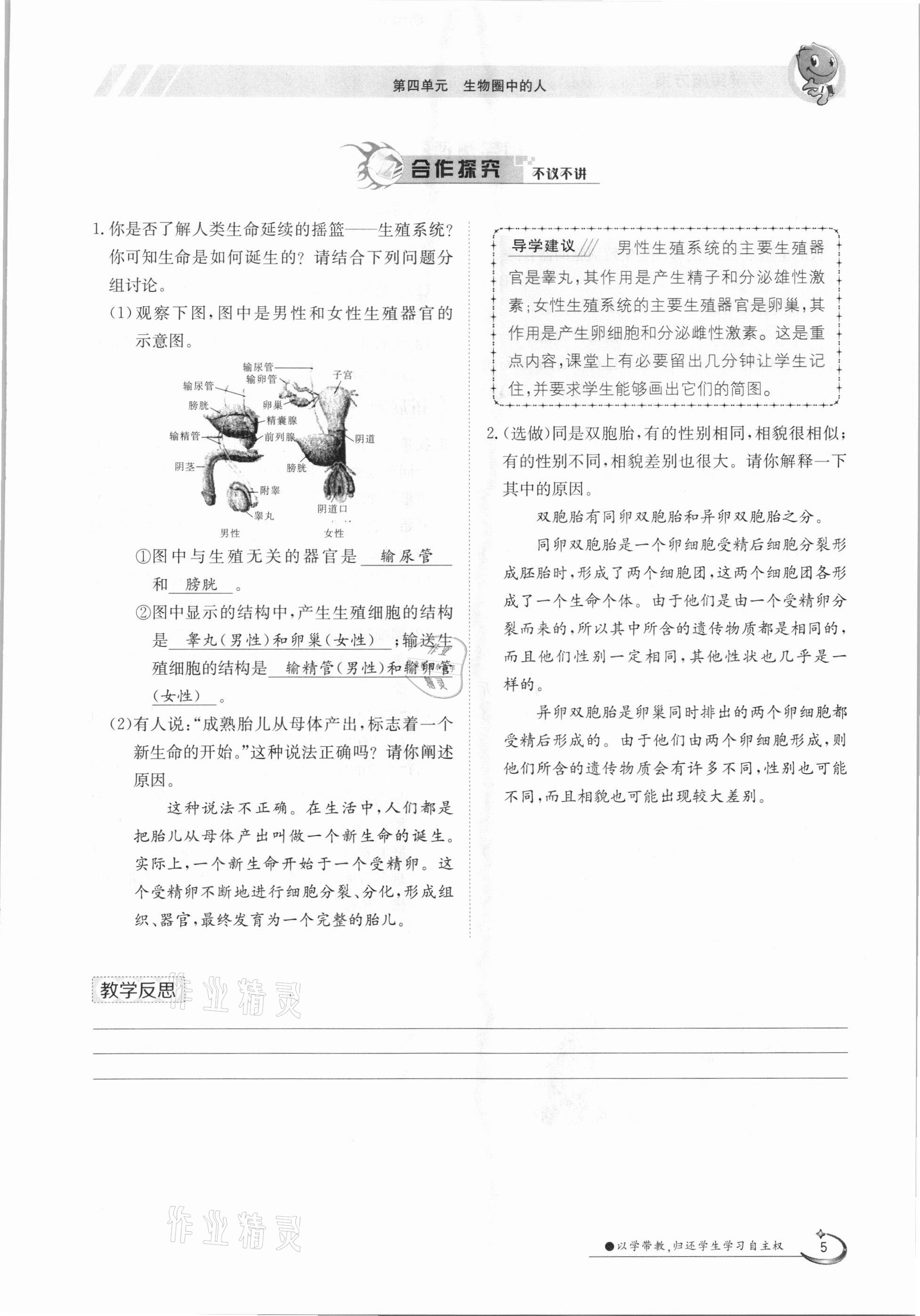 2021年金太陽導(dǎo)學(xué)案七年級生物下冊人教版 參考答案第5頁