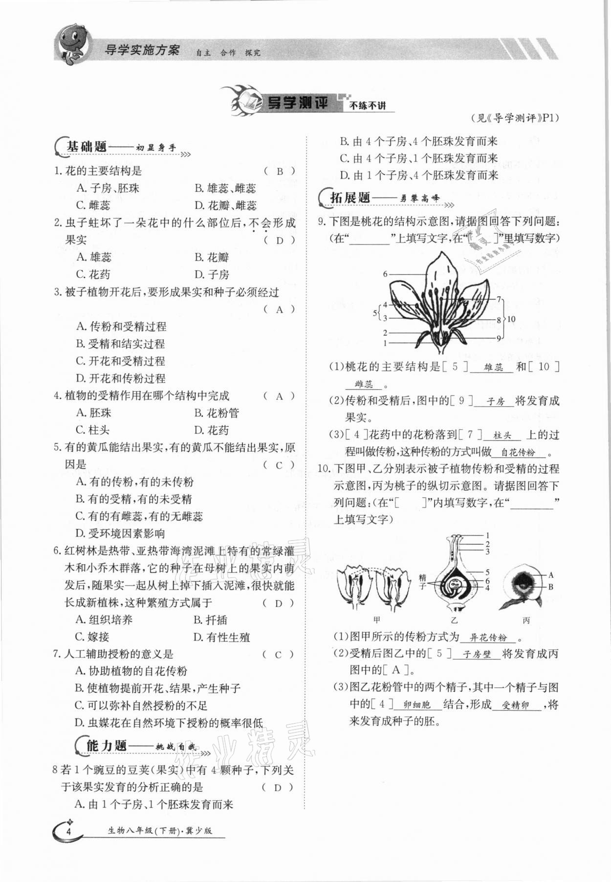 2021年金太陽導學案八年級生物下冊冀少版 參考答案第4頁