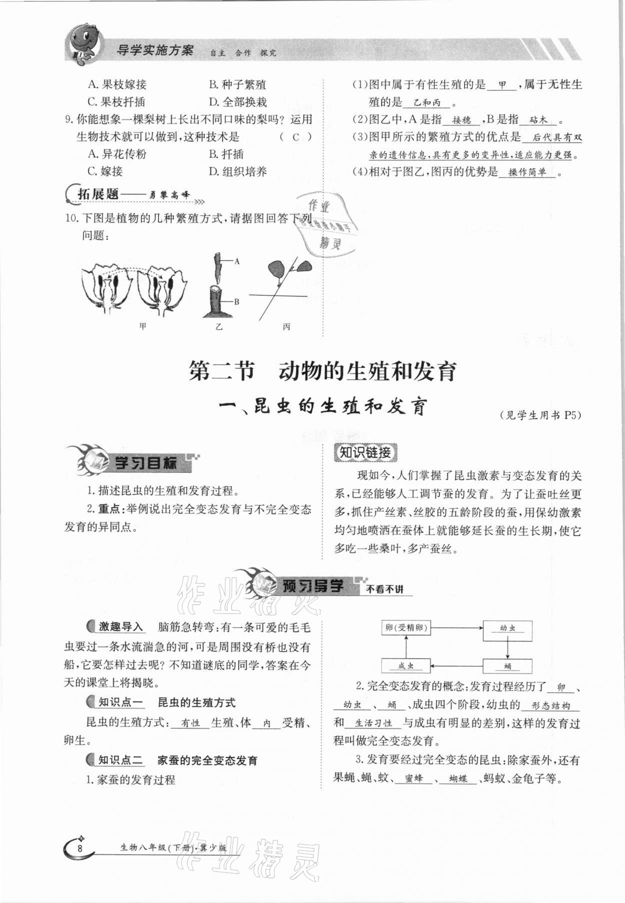 2021年金太陽導(dǎo)學(xué)案八年級生物下冊冀少版 參考答案第8頁