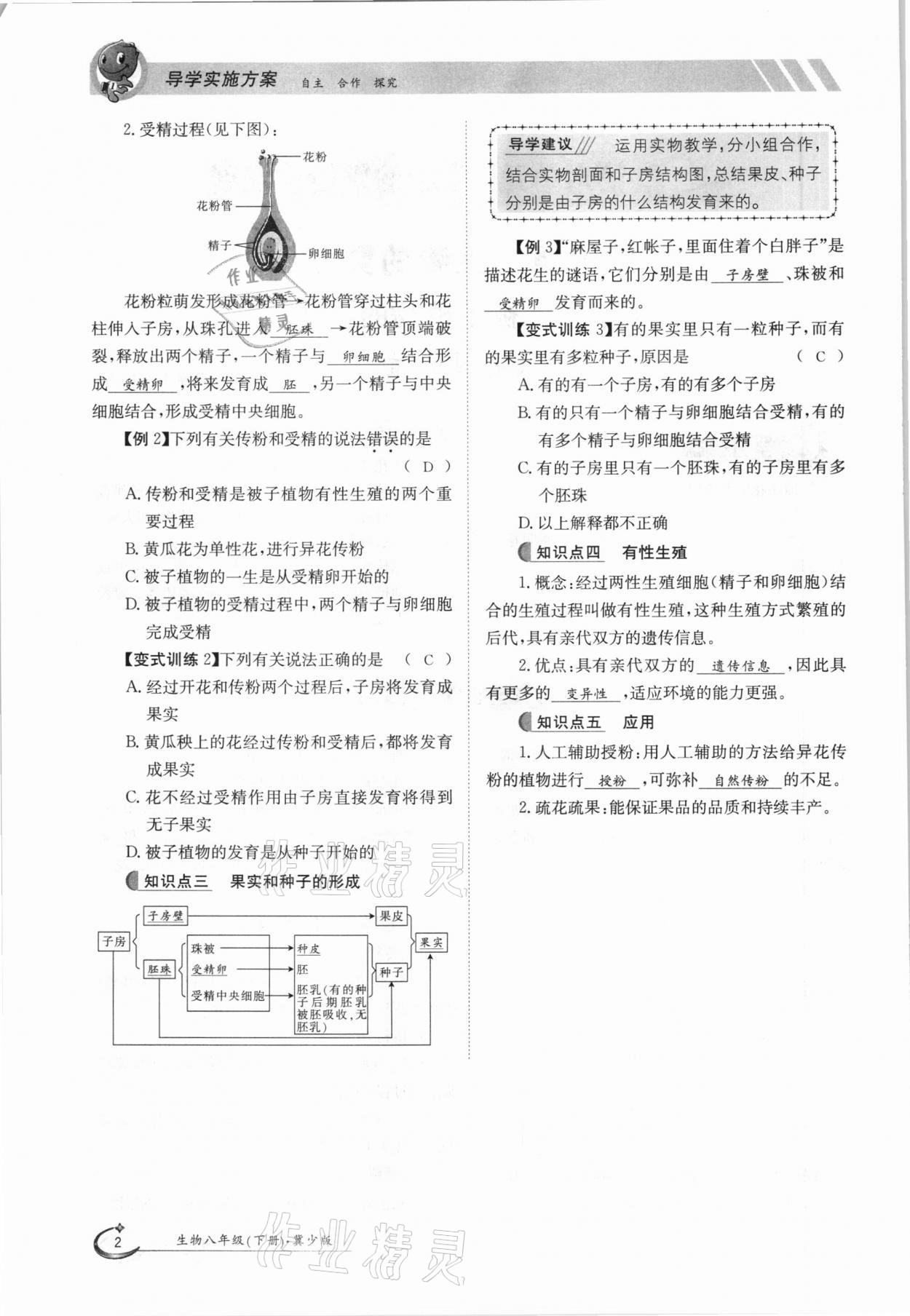 2021年金太陽導(dǎo)學(xué)案八年級生物下冊冀少版 參考答案第2頁