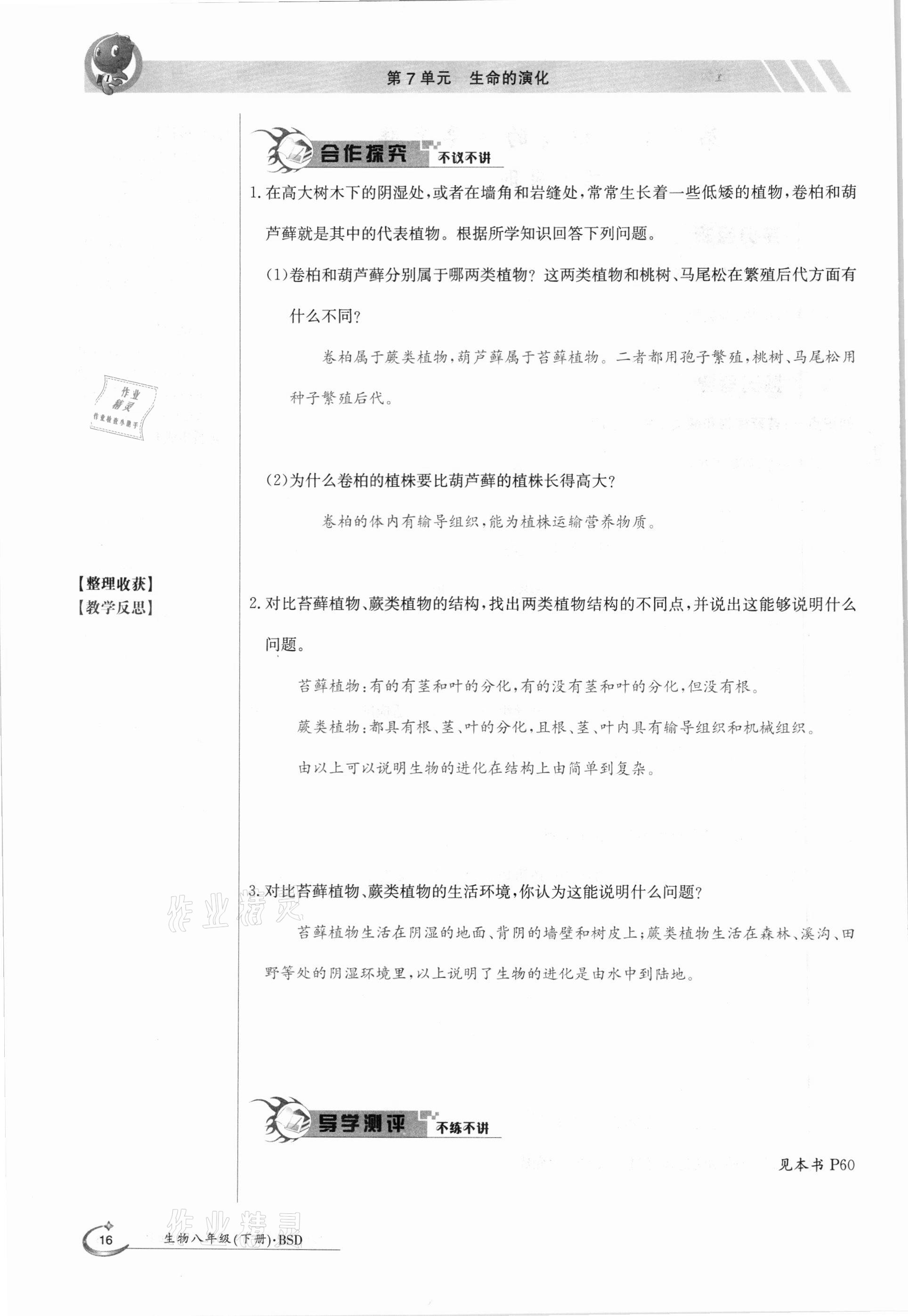 2021年金太陽導學案八年級生物下冊北師大版 參考答案第16頁