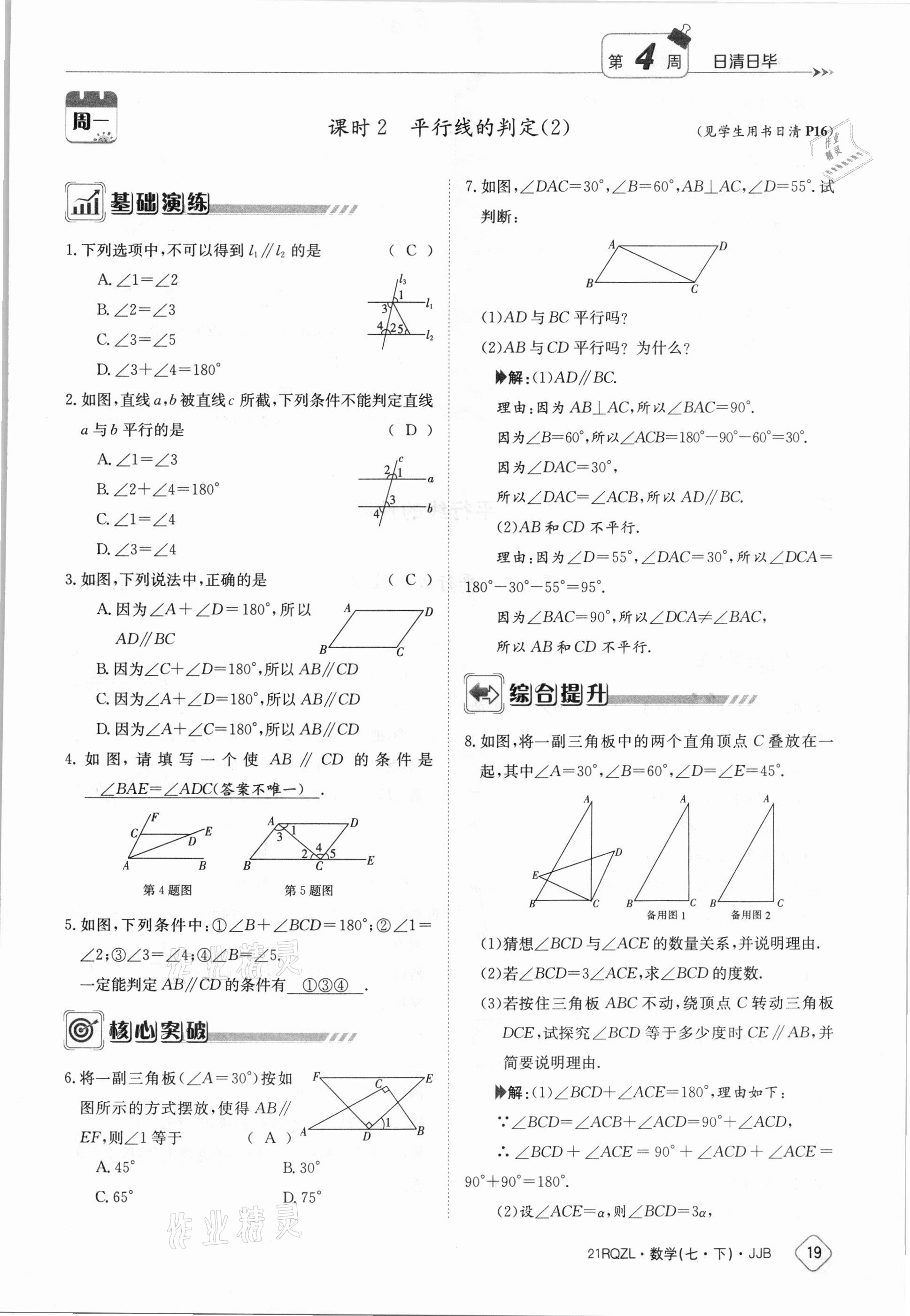 2021年日清周練七年級數(shù)學下冊冀教版 參考答案第19頁