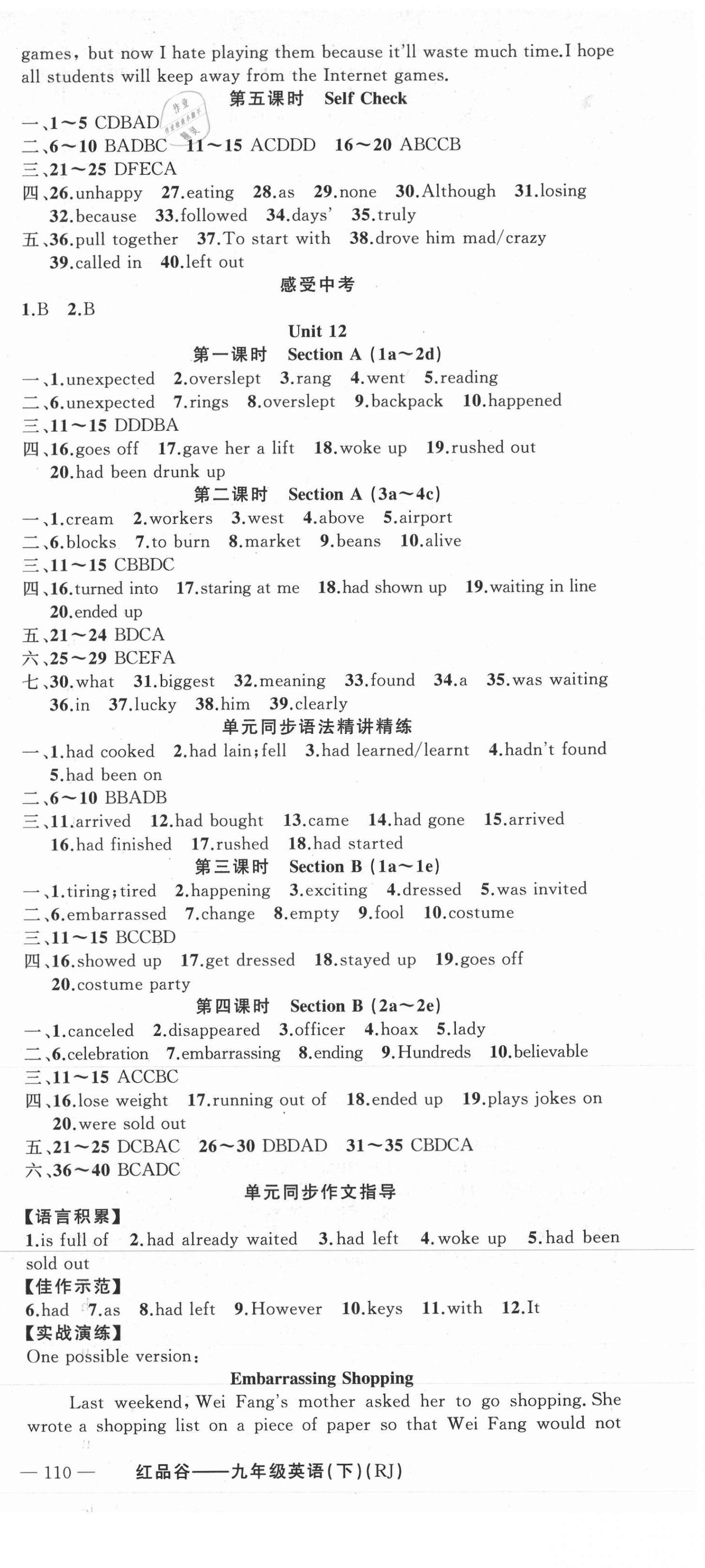 2021年原创新课堂九年级英语下册人教版红品谷 参考答案第3页