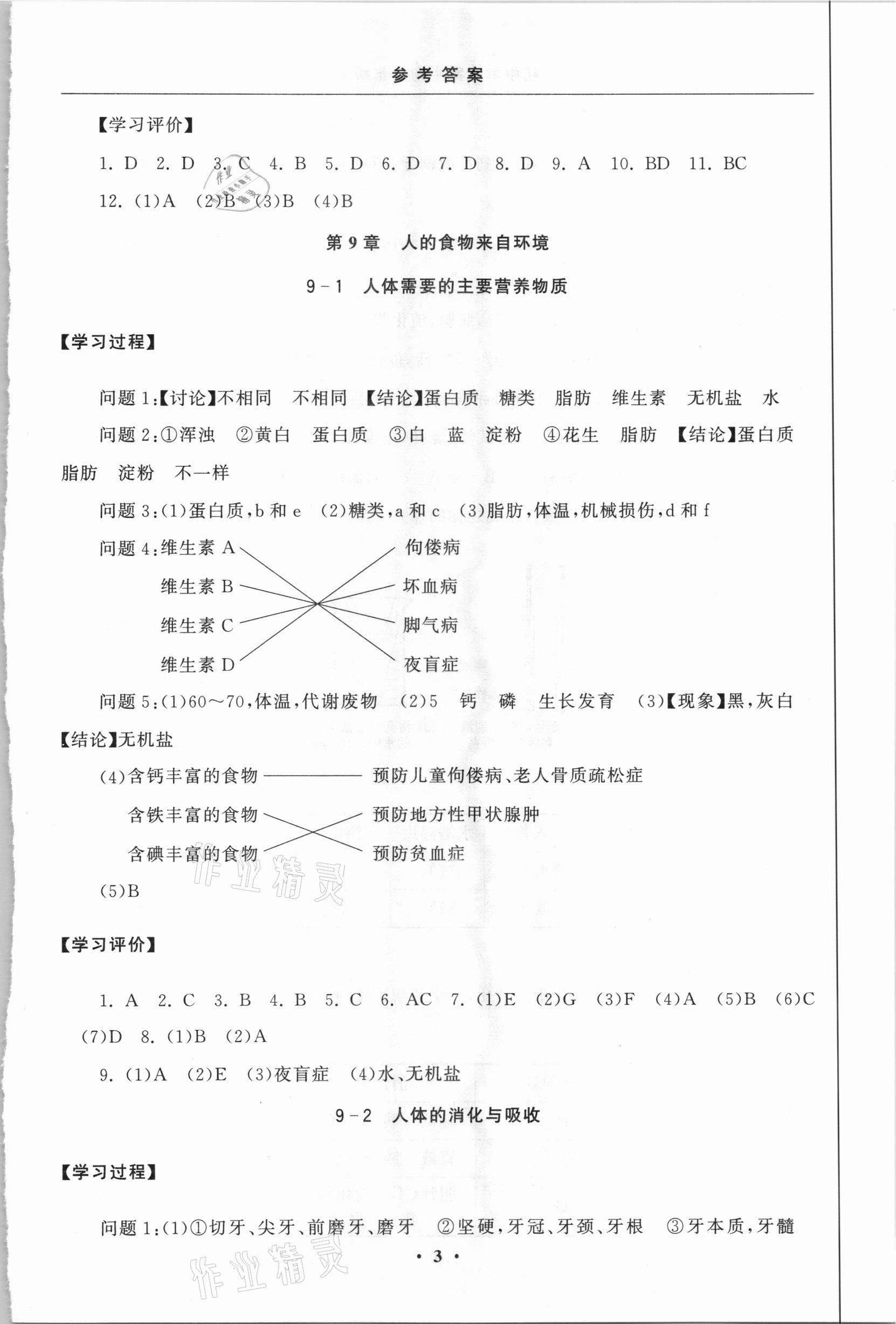 2021年初中學(xué)練案七年級(jí)生物下冊(cè)蘇教版 參考答案第3頁(yè)