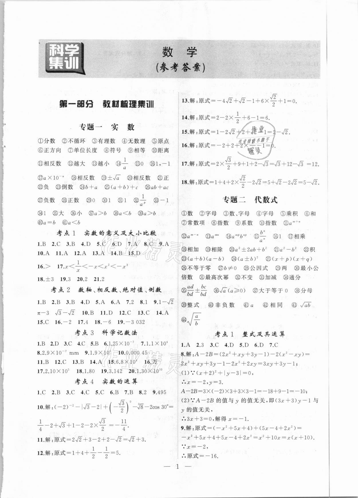 2021年中考科學(xué)集訓(xùn)數(shù)學(xué)安徽專版 第1頁