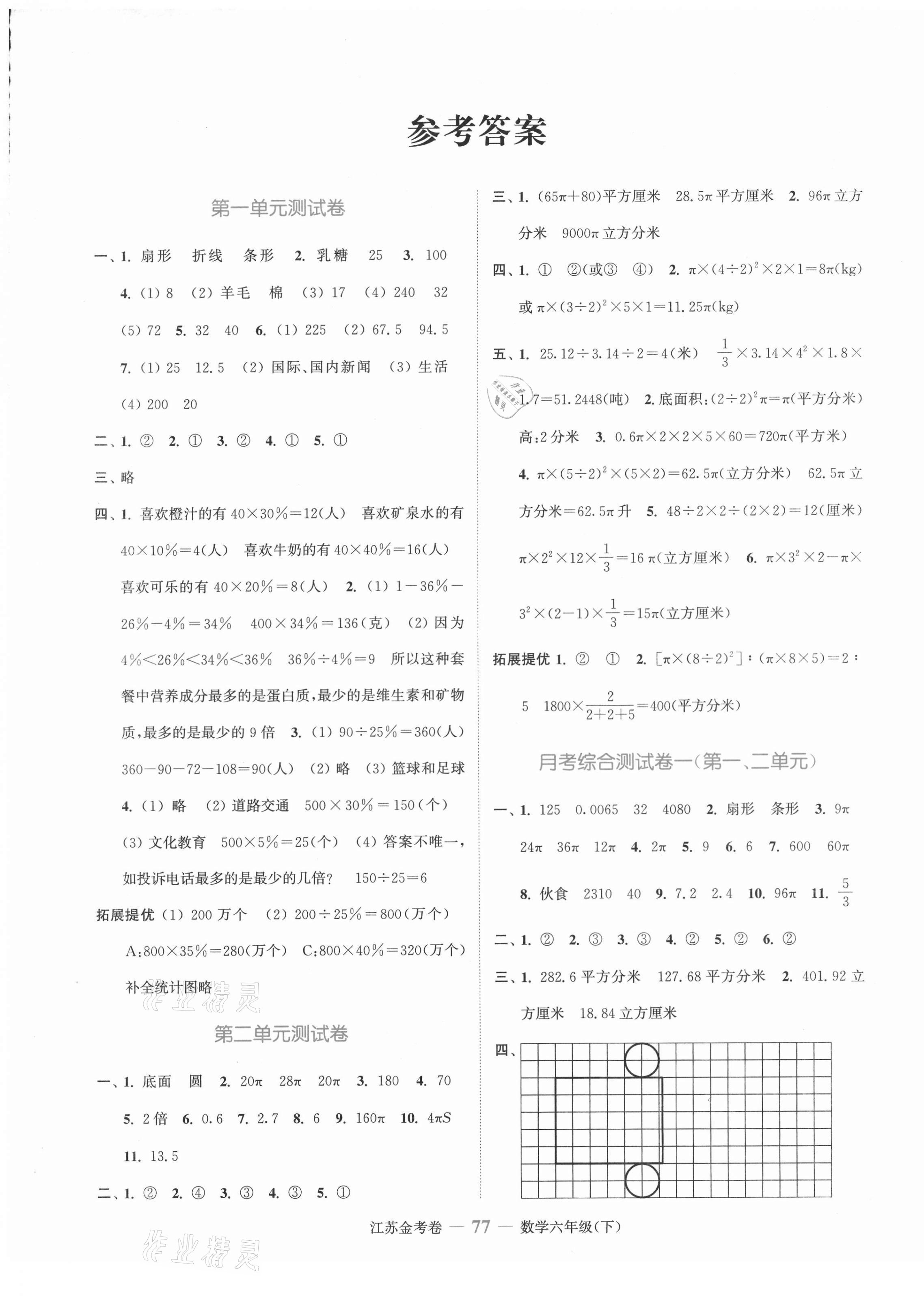 2021年江蘇金考卷六年級(jí)數(shù)學(xué)下冊(cè)蘇教版 參考答案第1頁(yè)