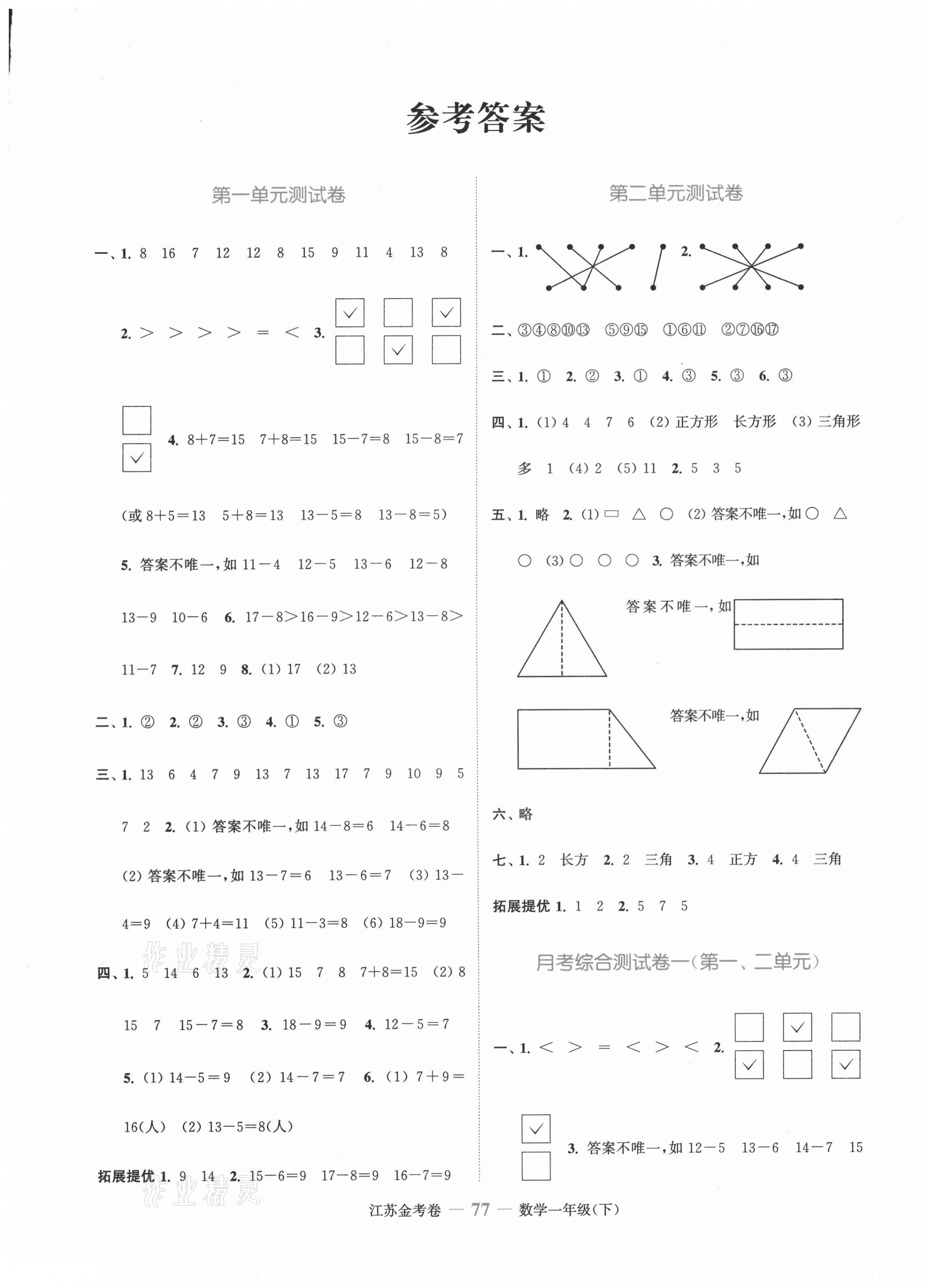 2021年江蘇金考卷一年級(jí)數(shù)學(xué)下冊(cè)蘇教版 參考答案第1頁