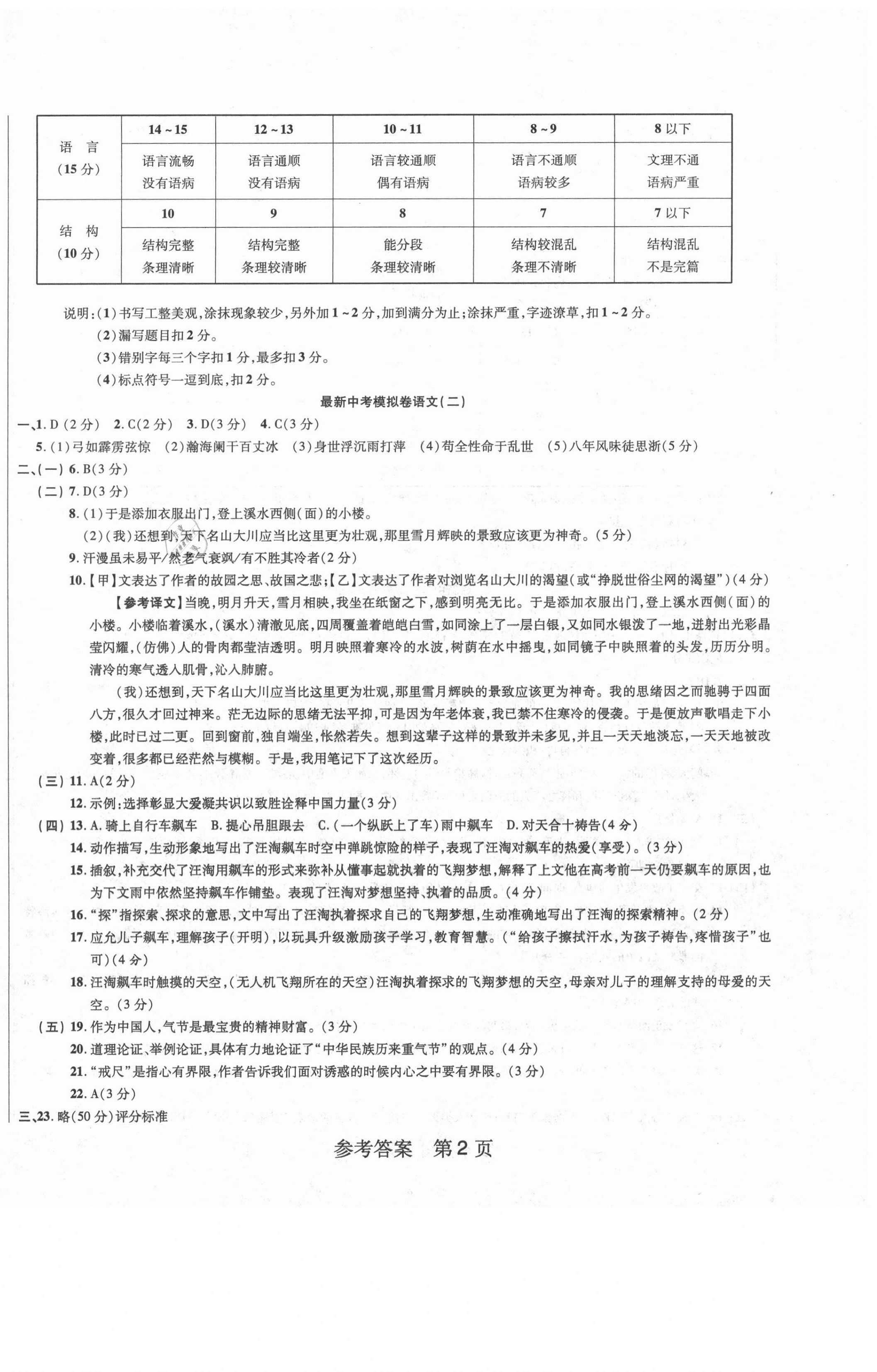 2021年最新中考模擬卷語文中考人教版 第2頁